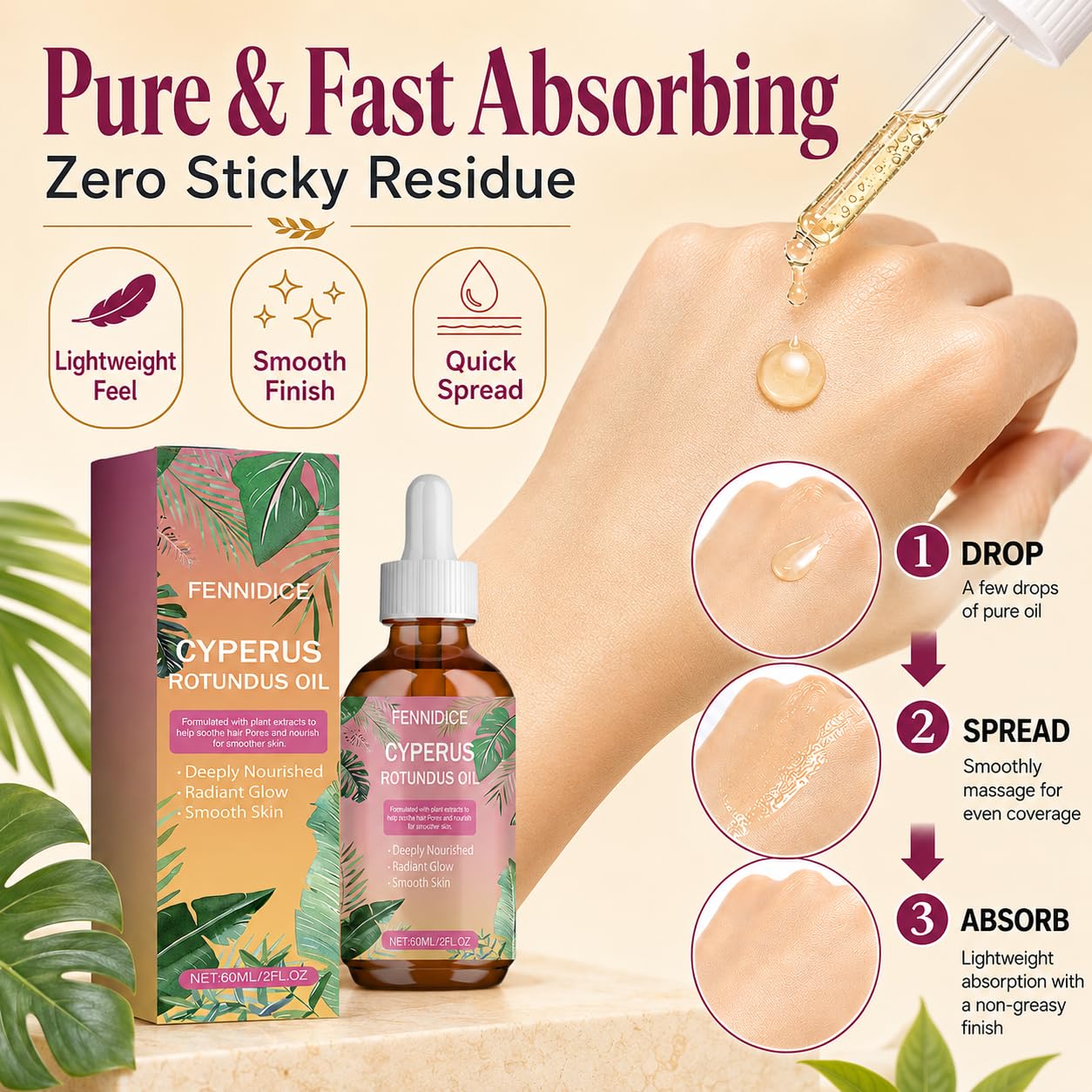 Natural Cyperus Rotundus Oil for Face & Body, 60ml After Hair Removal Soothing Oil, Gentle Plant-Based Hair Inhibitor Alternative, Skincare Moisturizer for Women & Men