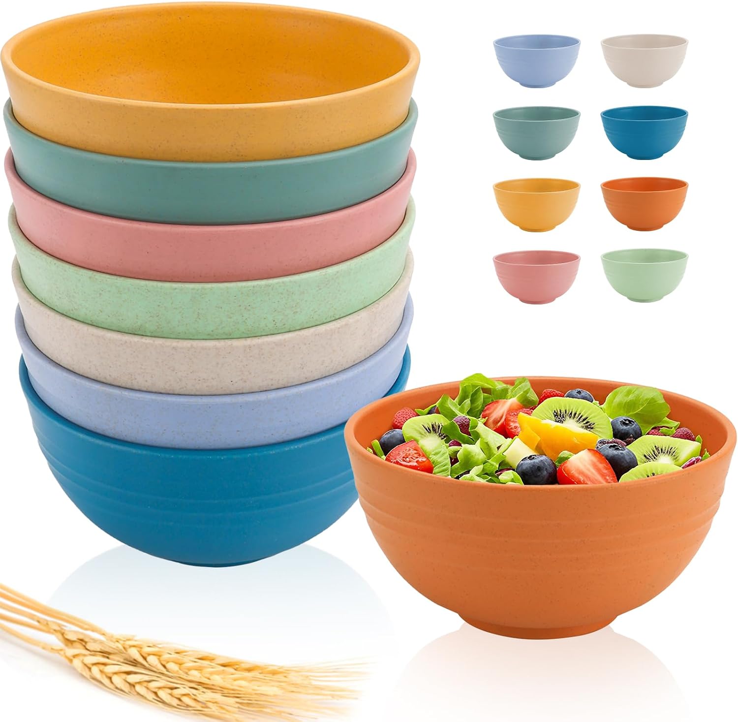 Wheat Straw Bowls, Reusable Cereal Bowls Set of 8, Microwavable Plastic Bowls for Kitchen, Camping, Unbreakable Salad, Snack, Ramen, Soup Bowl Set, Microwave & Dishwasher Safe, BPA Free, 26oz