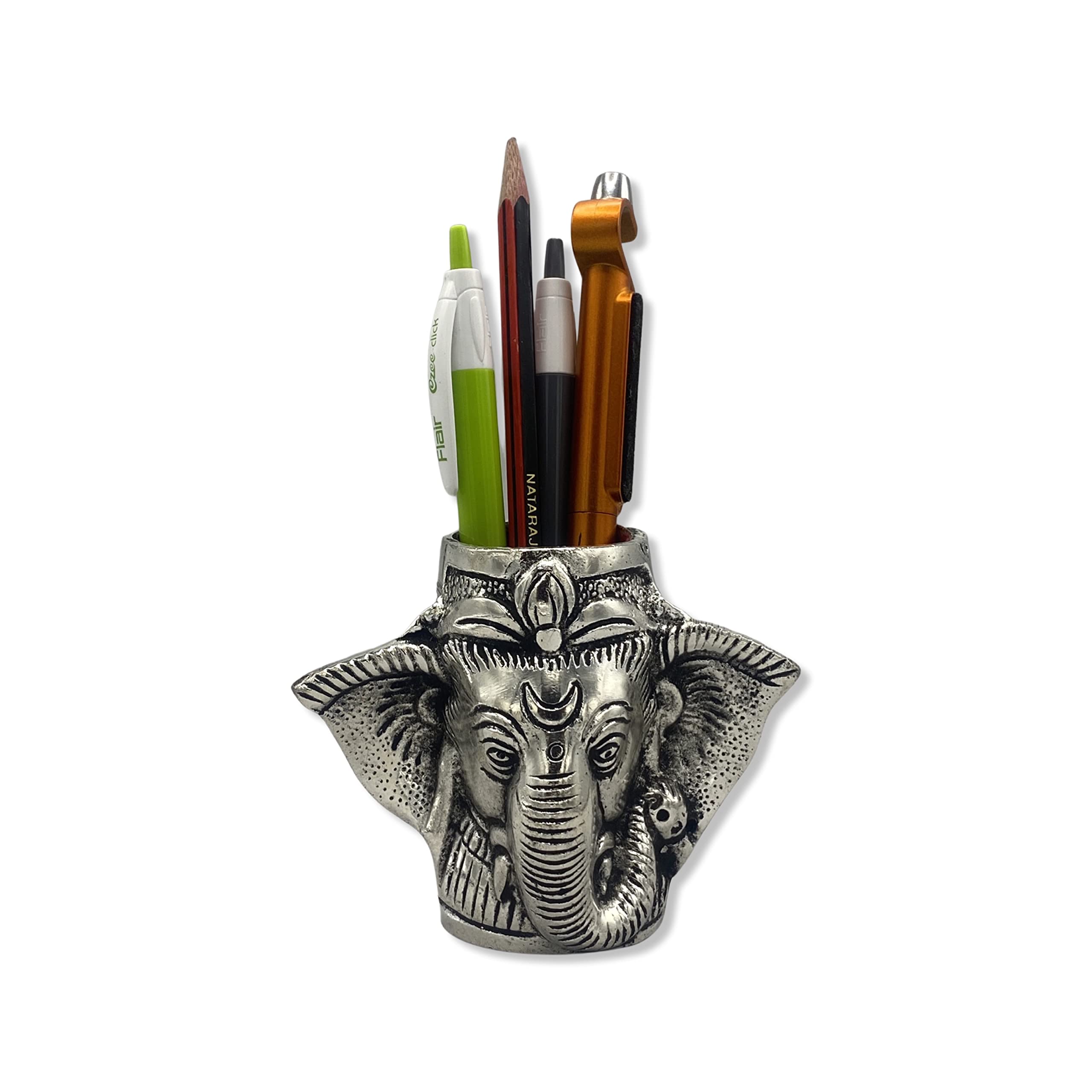 Agroware Ganesha Head Pencil Holder Desk Organizer Elephant Head, Antique Silver Plated (10.5cm x 8cm)