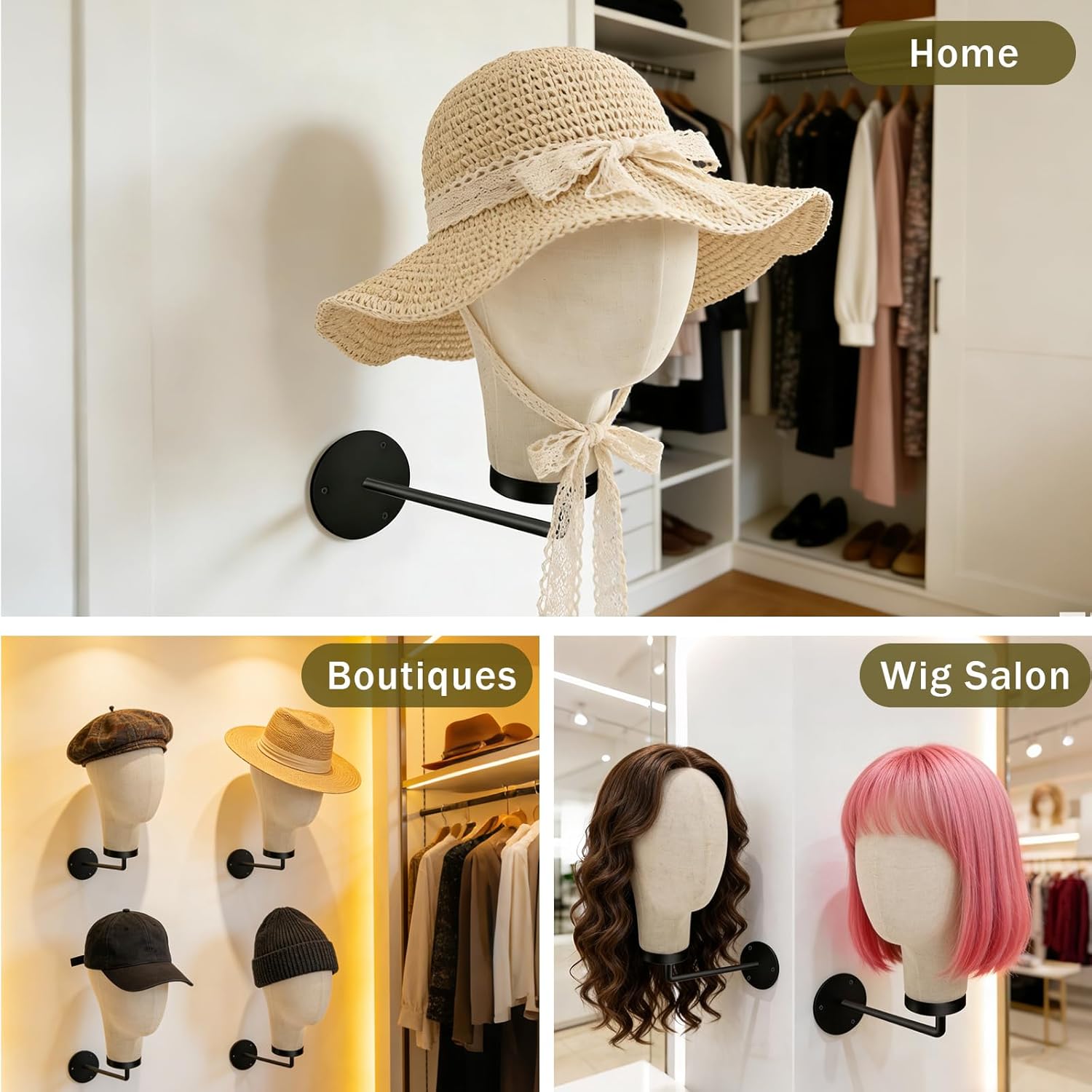 mcwdoit Mannequin Head Stand Wall Mount for Wigs with Realistic 21.7 Inch Canvas Block - Stylish Display and Storage for Wigs, Hats, Caps, Headdresses, and Accessories - Durable Rustic Hat Rack for Home or Salon Use