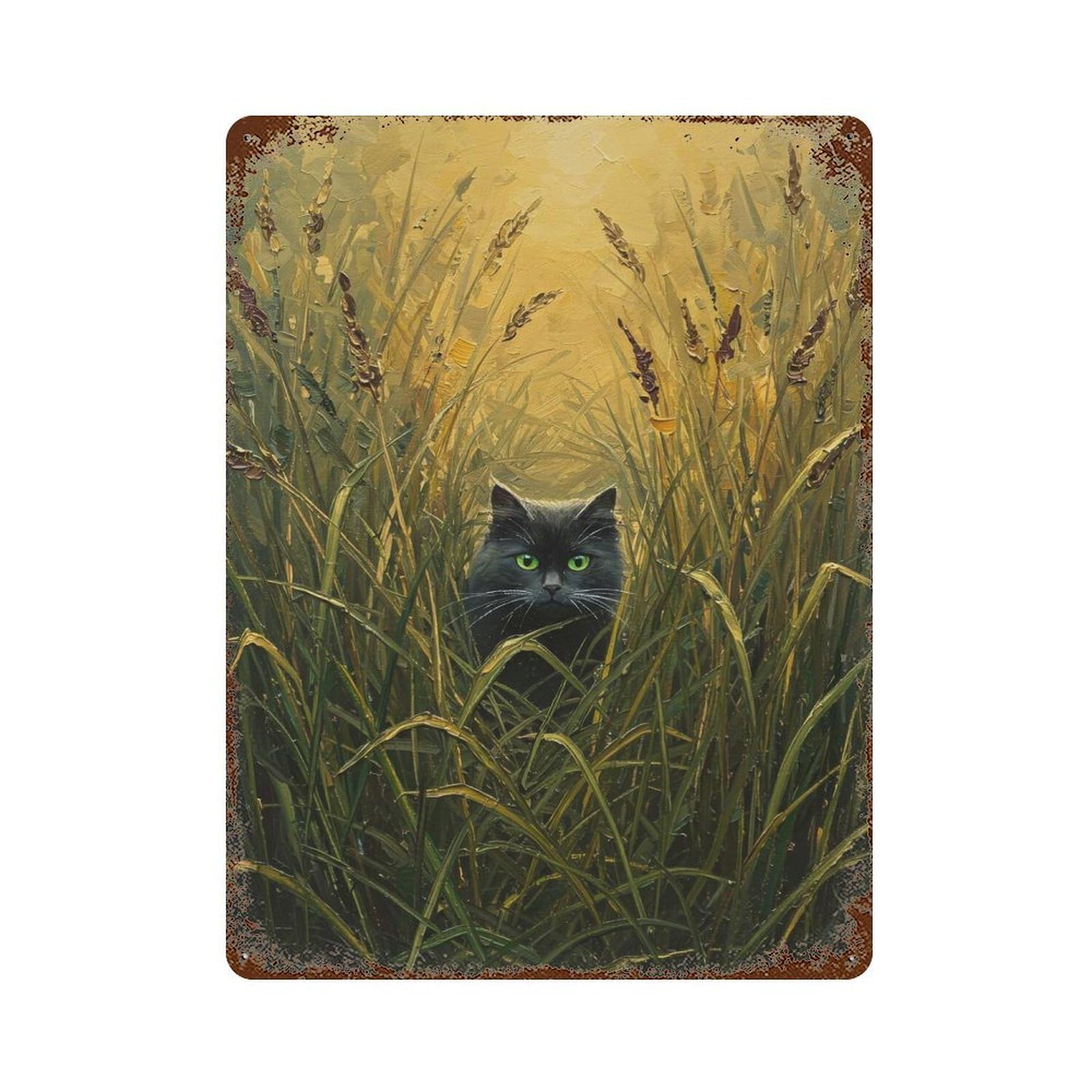 Black Cat in Tall Grass Painting Aged Metal Wall Plaque 15.7"x11.8", Old School Wall Decor for Garage, Pub Or Kitchen