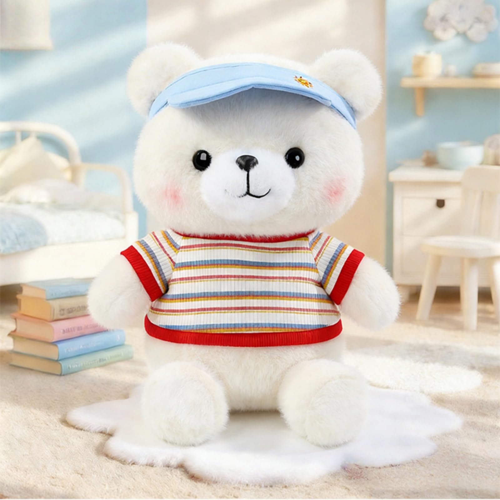 Teddy Bär Kuscheltier, Weiches Bären Plüschtier mit Sonnenkappe Gestreiftem Shirt, Niedlicher Bär Stofftier Geschenk für Mädchen & Kinder (53cm,Hong)