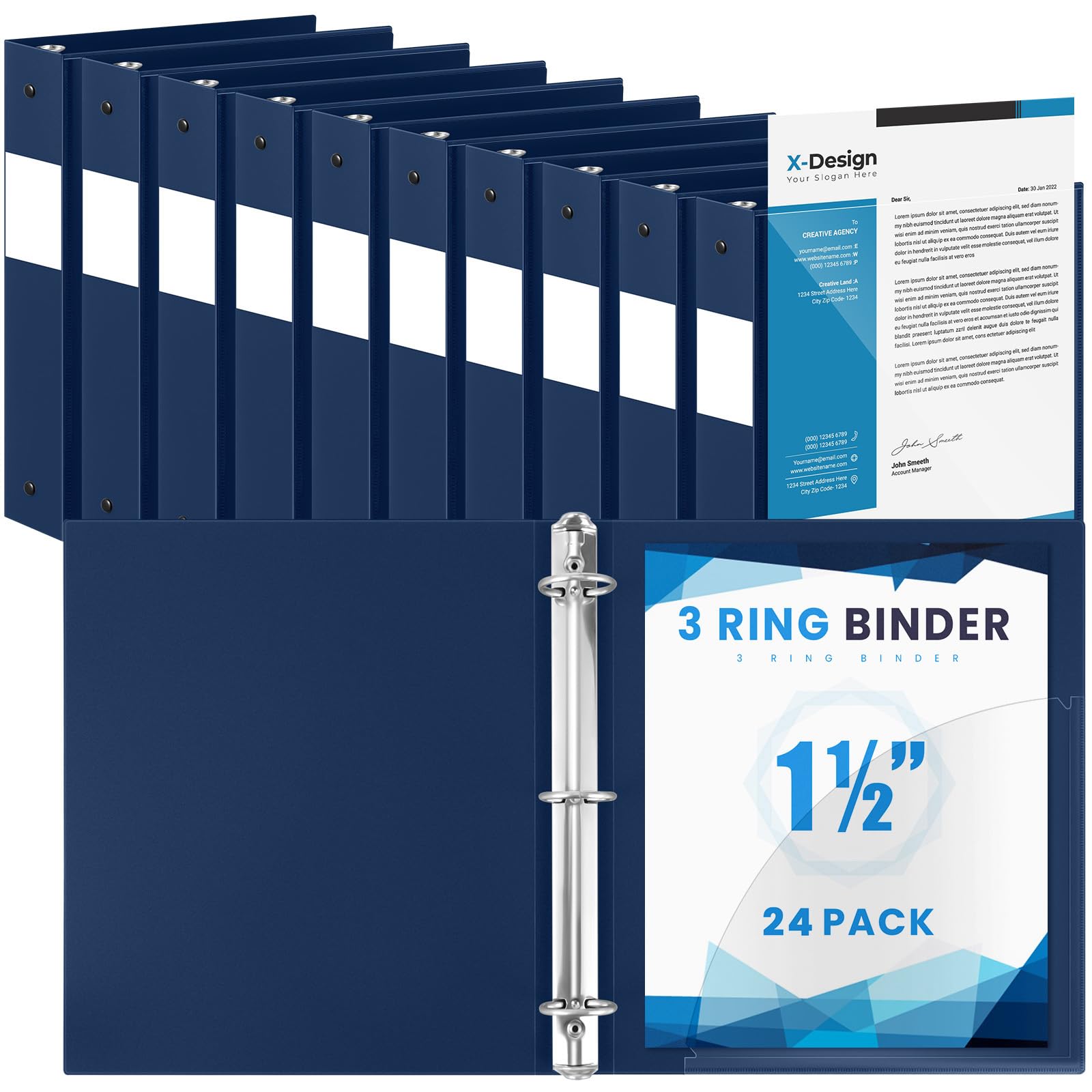 Henoyso 24 Pack 1.5 Inch 3 Ring Binder with Clear Cover Fit Letter Size 8.5" x 11" Paper Holds 350 Sheets, Bulk Binders for Organizing School, Office & Classroom Documents, 1 Pocket (Navy Blue)