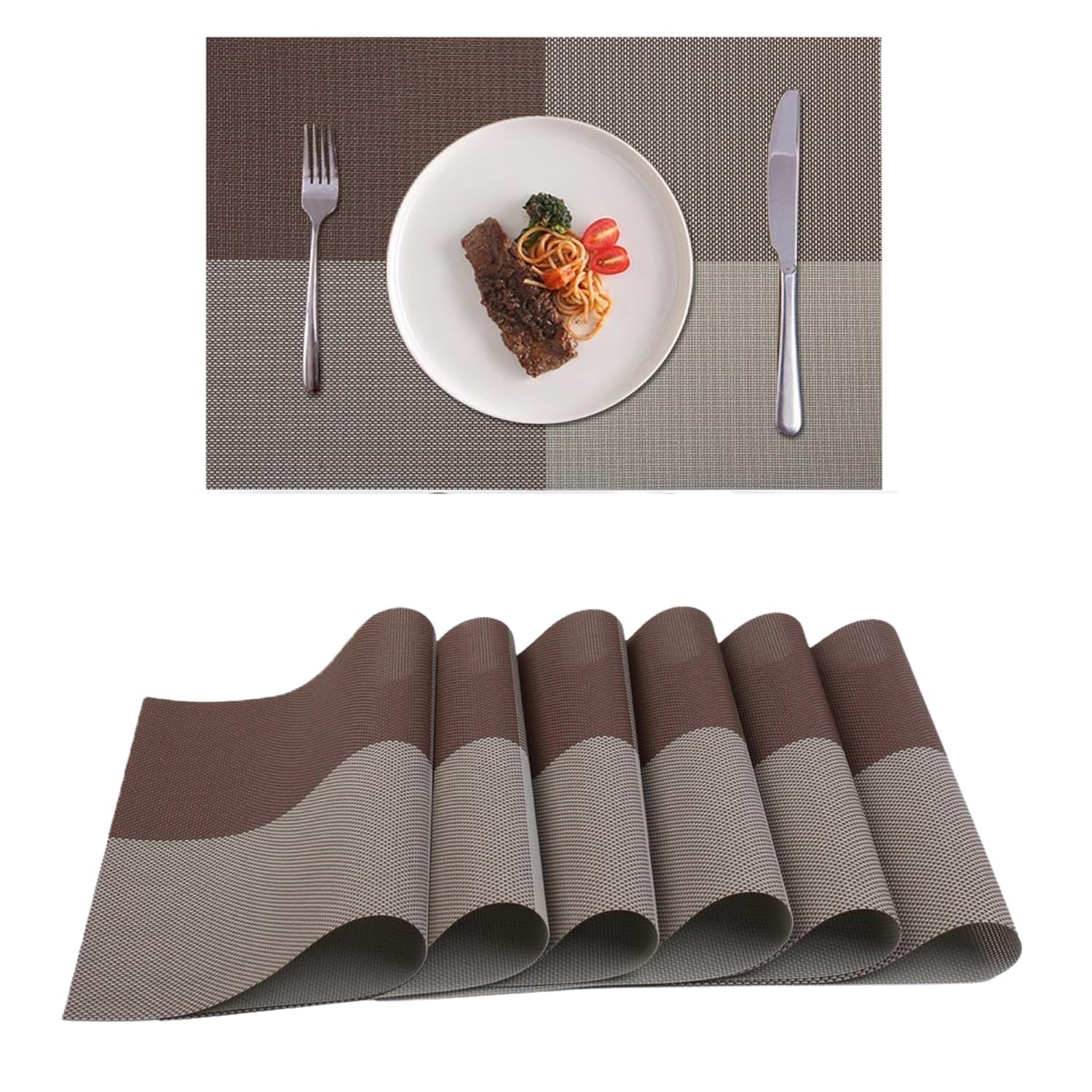 Fideo Woven PVC Vinyl Placemats Set of 4 | Mocha Brown Dining Table Mats | Heat Resistant Waterproof Washable Stain Resistant | Non Slip Table Protector for Kitchen Home Restaurant Cafe