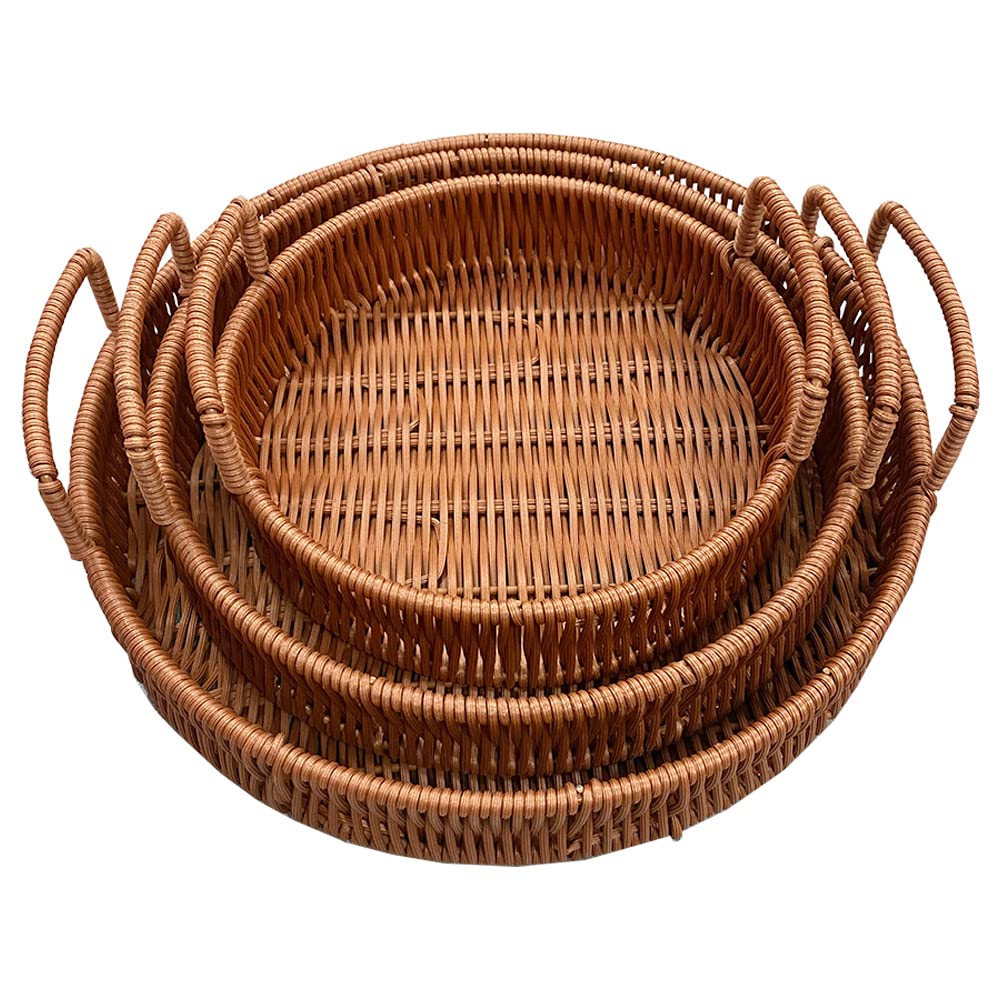 3 Pack Woven Serving Tray with Handles, Imitation Rattan Woven Tray, Hand-Woven Tray,Woven Basket, Storage Basket, Round Double Handle (Imitation Rattan, Brown)