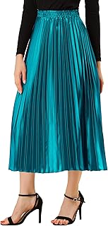 Women Pleated Skirt Midi Length Elastic High Waisted A Line Metallic Shi...