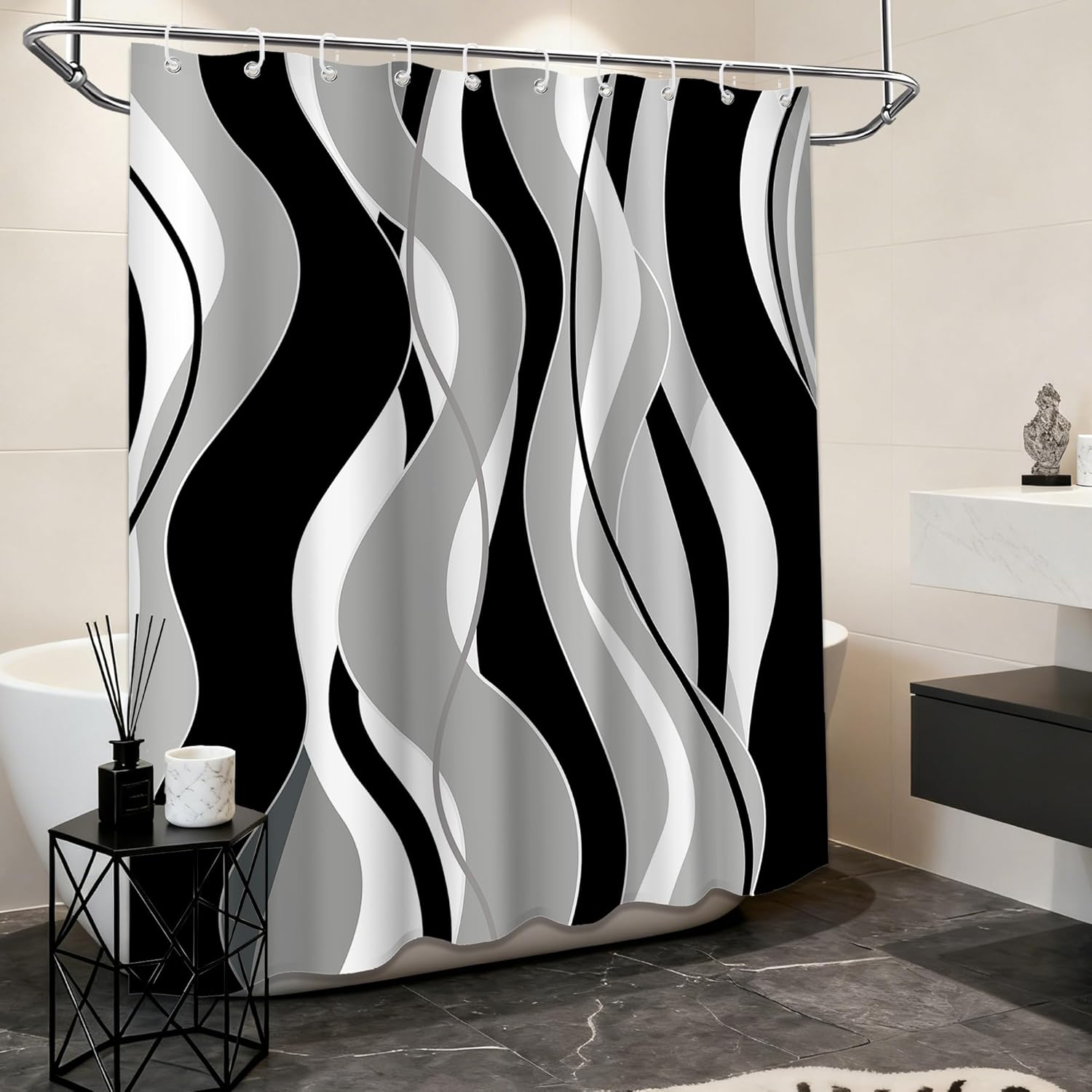 Striped Shower Curtain Modern Abstract Black and White Grey Shower Curtains for Men Bathroom Decor, Waterproof Cloth Fabric with Hooks 60" W x 72" L