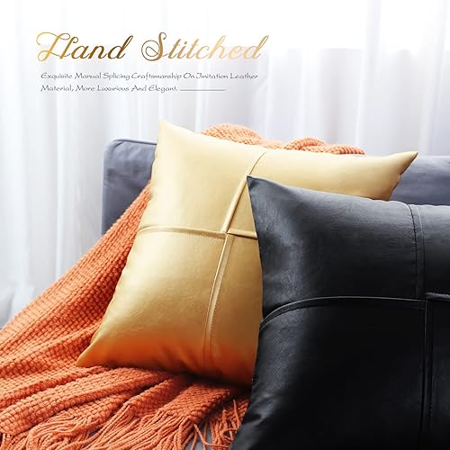 Miniatura 5 de BRAWARM Fundas de almohada de cuero sintético de 20 x 20 pulgadas, juego de 2 fundas de almohada de cuero dorado, fundas de almohada de cuero
