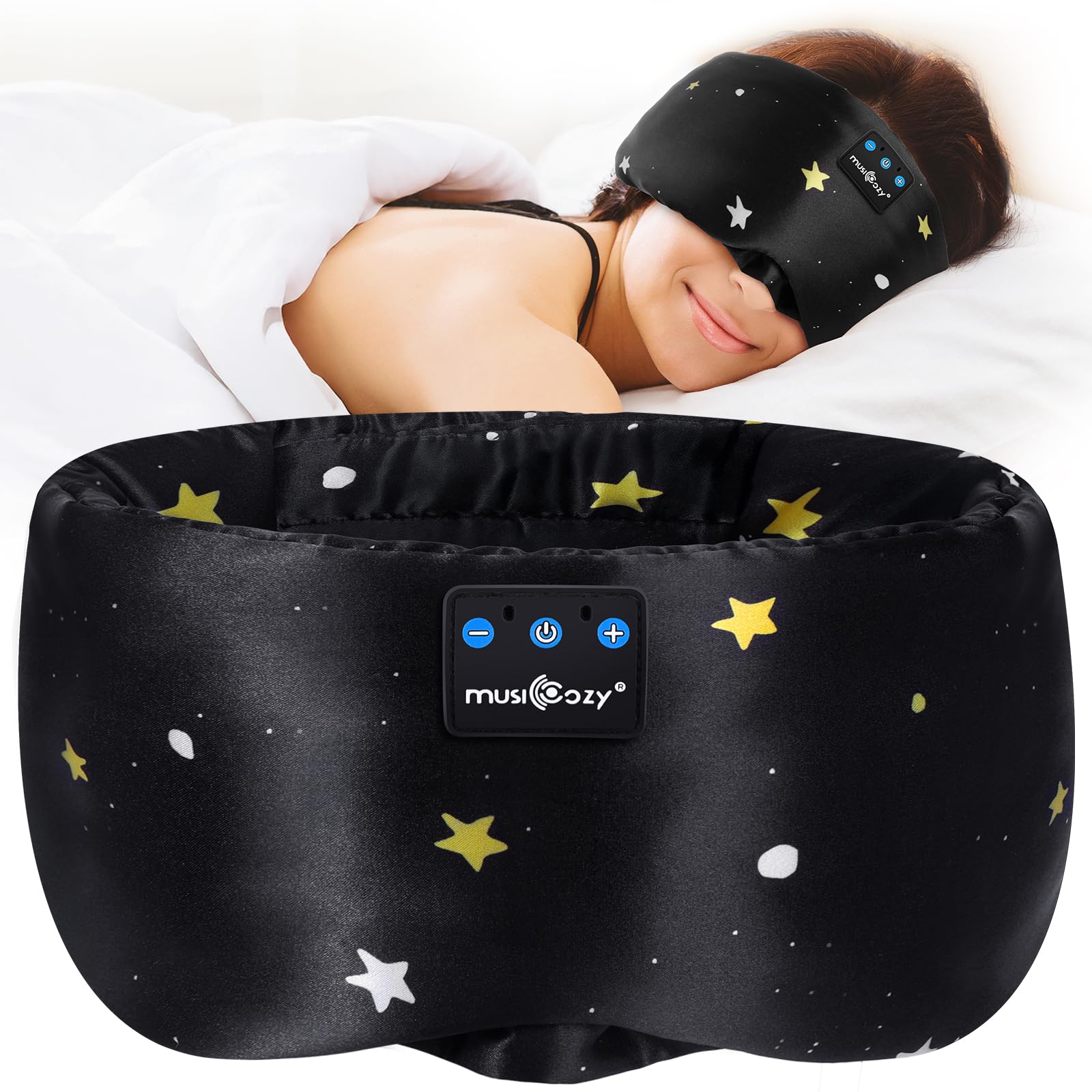 MUSICOZY Mulberry Silk Bluetooth Sleep Mask with HD Stereo Sound, Wireless Sleep Headband Headphones for Side Sleepers, Adjustable Size, Total Light Blocking, Perfect for Travel Relaxation Sleep