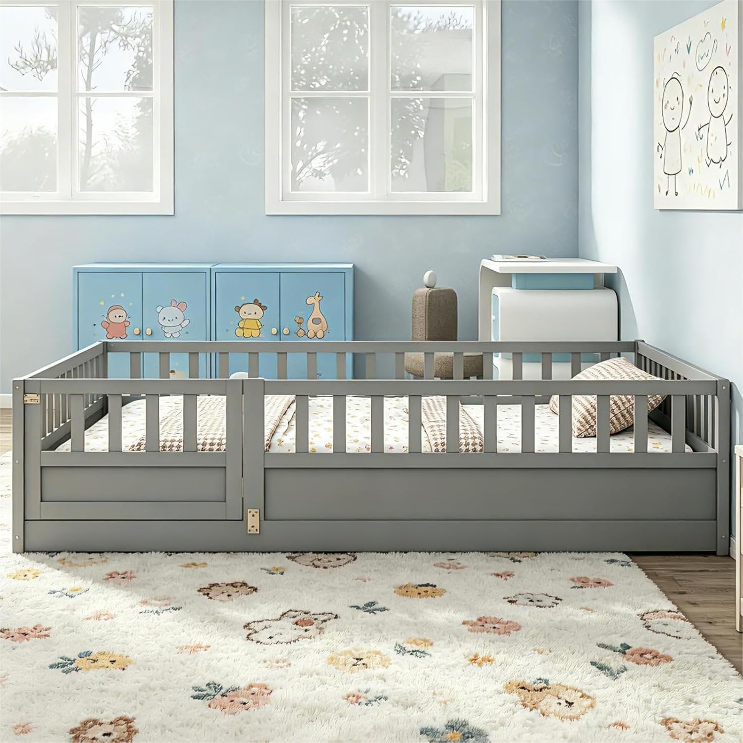 Bellemave Full Montessori Floor Bed with 21.4" High Guardrails & Door, Wooden Full Floor Bed Frame for Kids, Low Profile Full Size Floor Bed Frame for Bedroom, Nursery, No Slats, Grey