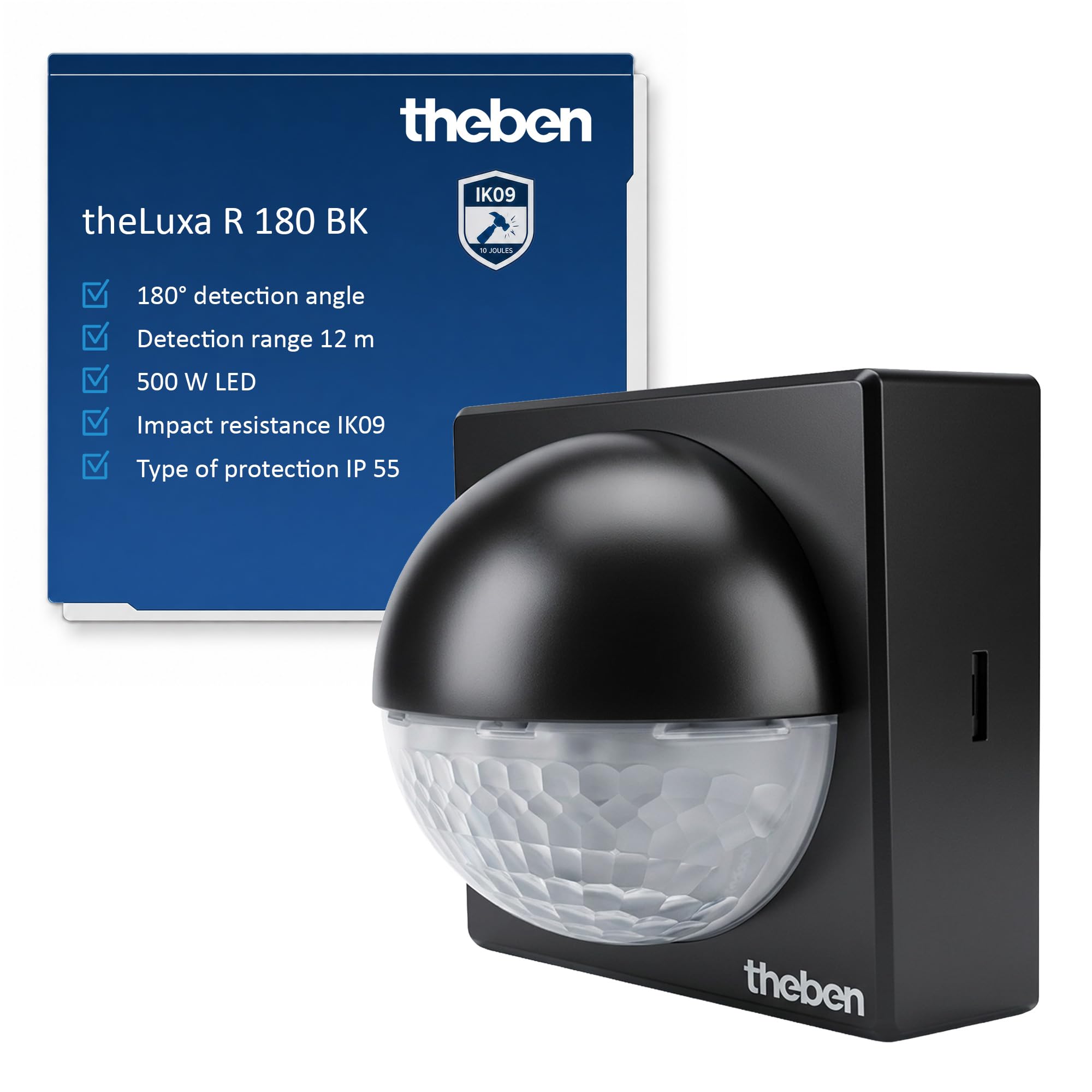 Theben 1010201 theLuxa R180 BK Detector de Movimiento 180° 12 m Exterior | 1 canal, montaje mural, 2 s-30 min, 2-200 lx, 500 W LED, cruce por cero, preajuste, IP55, resistente a impactos, negro