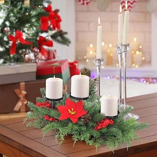 Miniatura 3 de Portavelas de Navidad para decoración de centro de mesa, arreglos de Navidad con 3 portavelas, piñas de bayas rojas, decoración de mesa de comedor