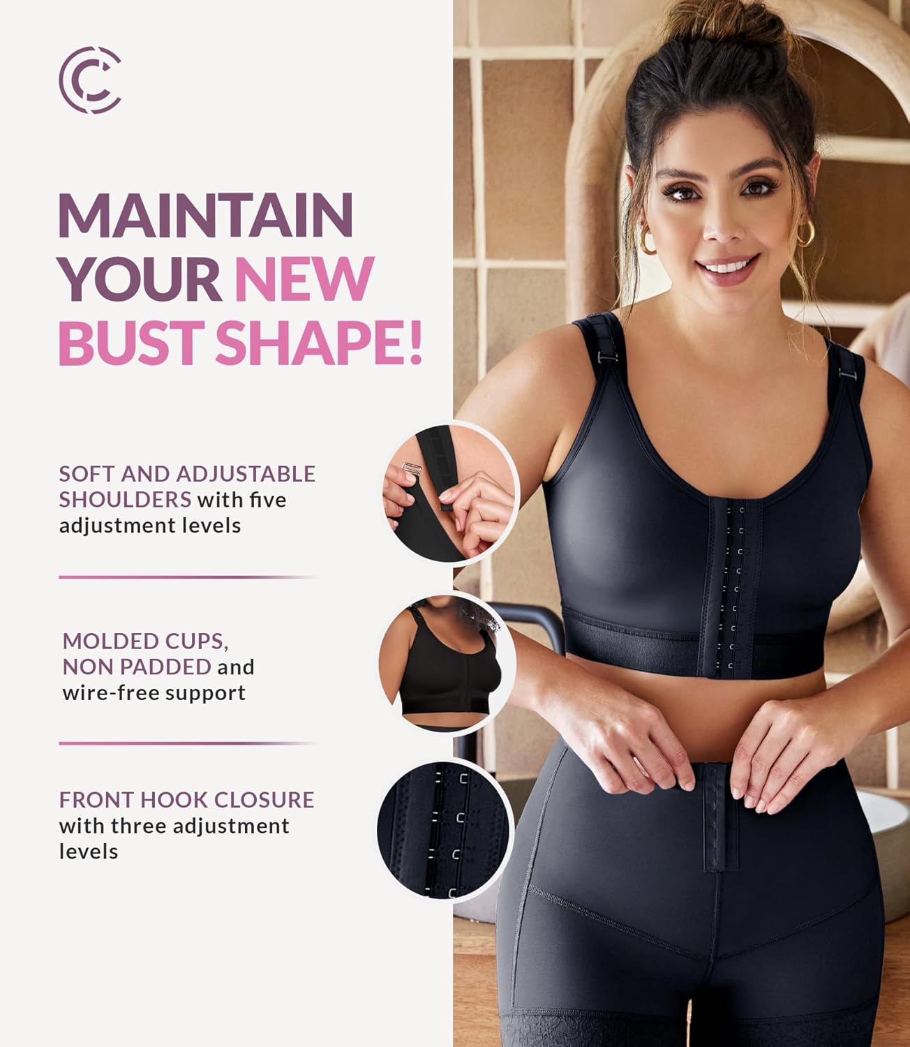 CURVEEZ Post-Surgery Front Closure Wireless Bra, Compression Shapewear Top with Wide Straps for Breast Augmentation Recovery - Image 3