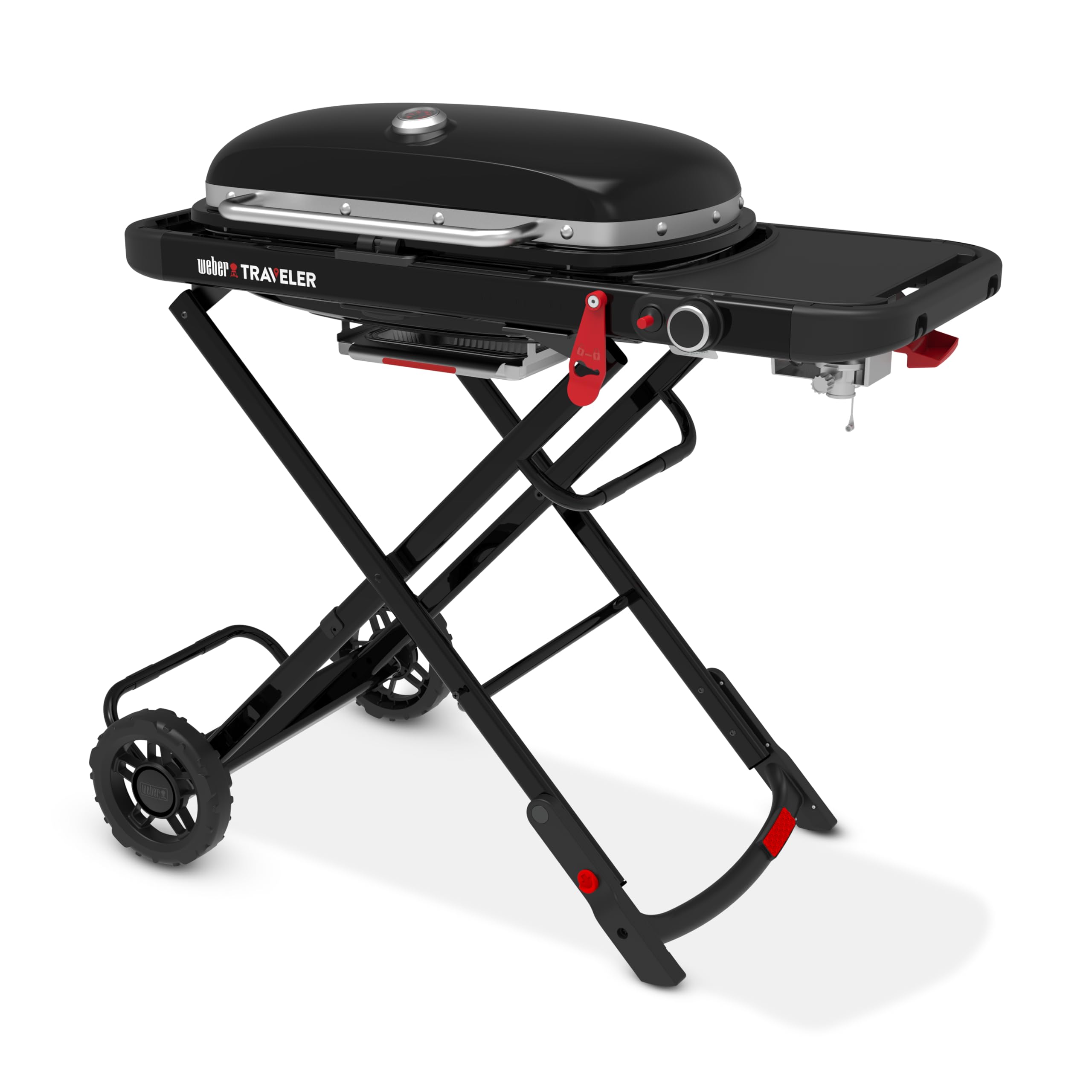 Weber Traveler barbecue à gaz/design pliable et portable avec roues, verrouillage automatique du couvercle et thermomètre intégré, 1 brûleur, largeur 111 cm, surface de cuisson 2065 cm², noir