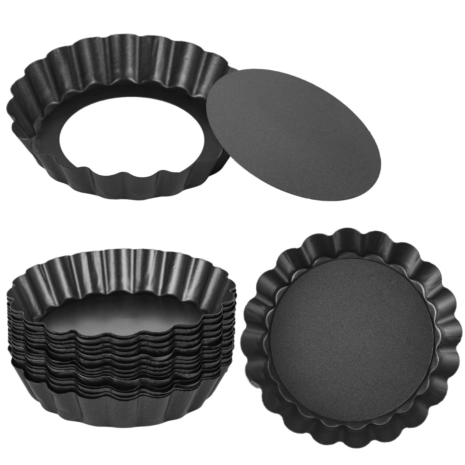 Lot de 16 mini moules à tartelettes ronds en acier au carbone de 10 cm avec fond amovible, moules cannelés antiadhésifs pour quiche, tarte, mousse et pizza desserts