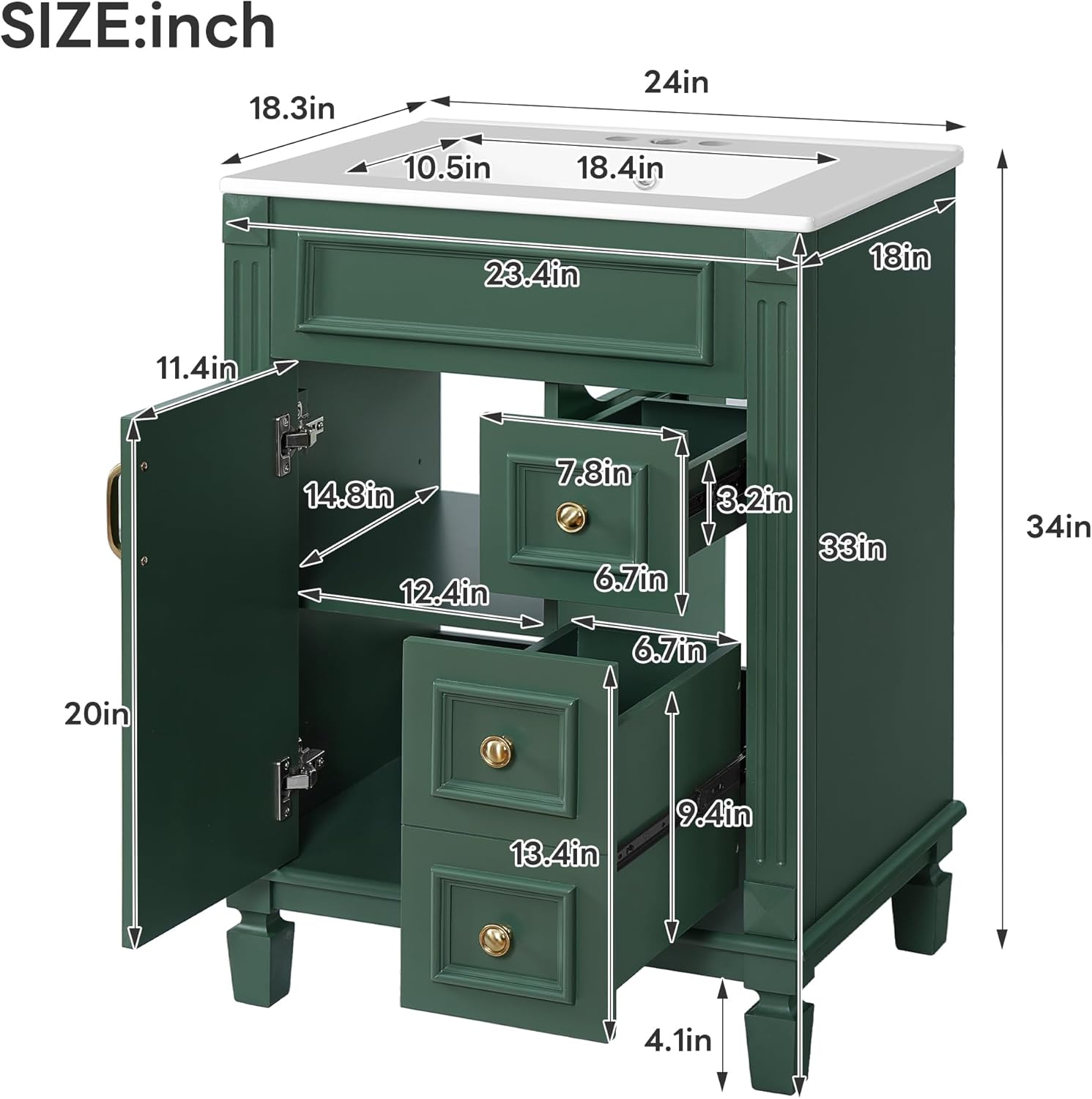24 Inch Green Bathroom Vanity with Ceramic Sink & Integrated Countertop,Modern Bathroom Vanity with Right Drawers & Adjustable Shelf,Soft Closing Doors,Solid Wood Frame,French Embossed Front