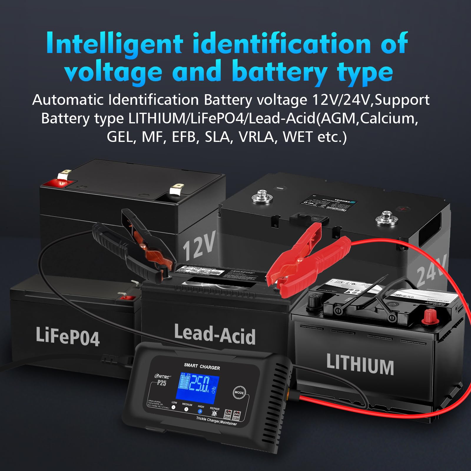 Haisito Ładowarka do akumulatora samochodowego 25 A, 12 V, 24 V, 25 A, ładowarka podtrzymująca i urządzenie odsiarczające, odpowiednia do litu, LiFePO4, kwasu ołowiowego (AGM, żelu, EFB, MFitd