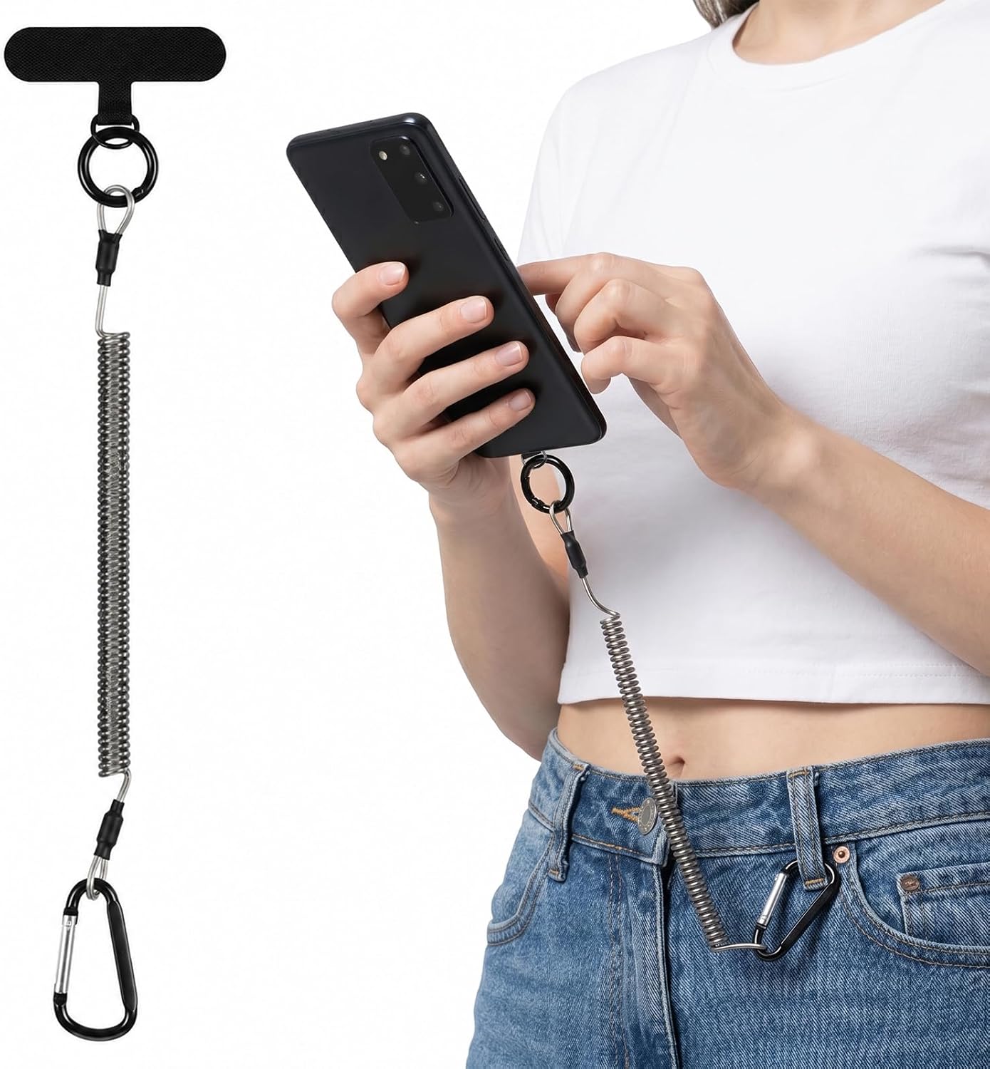 Anti Theft Phone Strap Universal Compatible Straps Hand Wrist Adjustable Sturdy Steel Wire Key Chain Stretchy Retractable Lanyard with Tether Tabs for Women Men Outdoor Climbing Hiking
