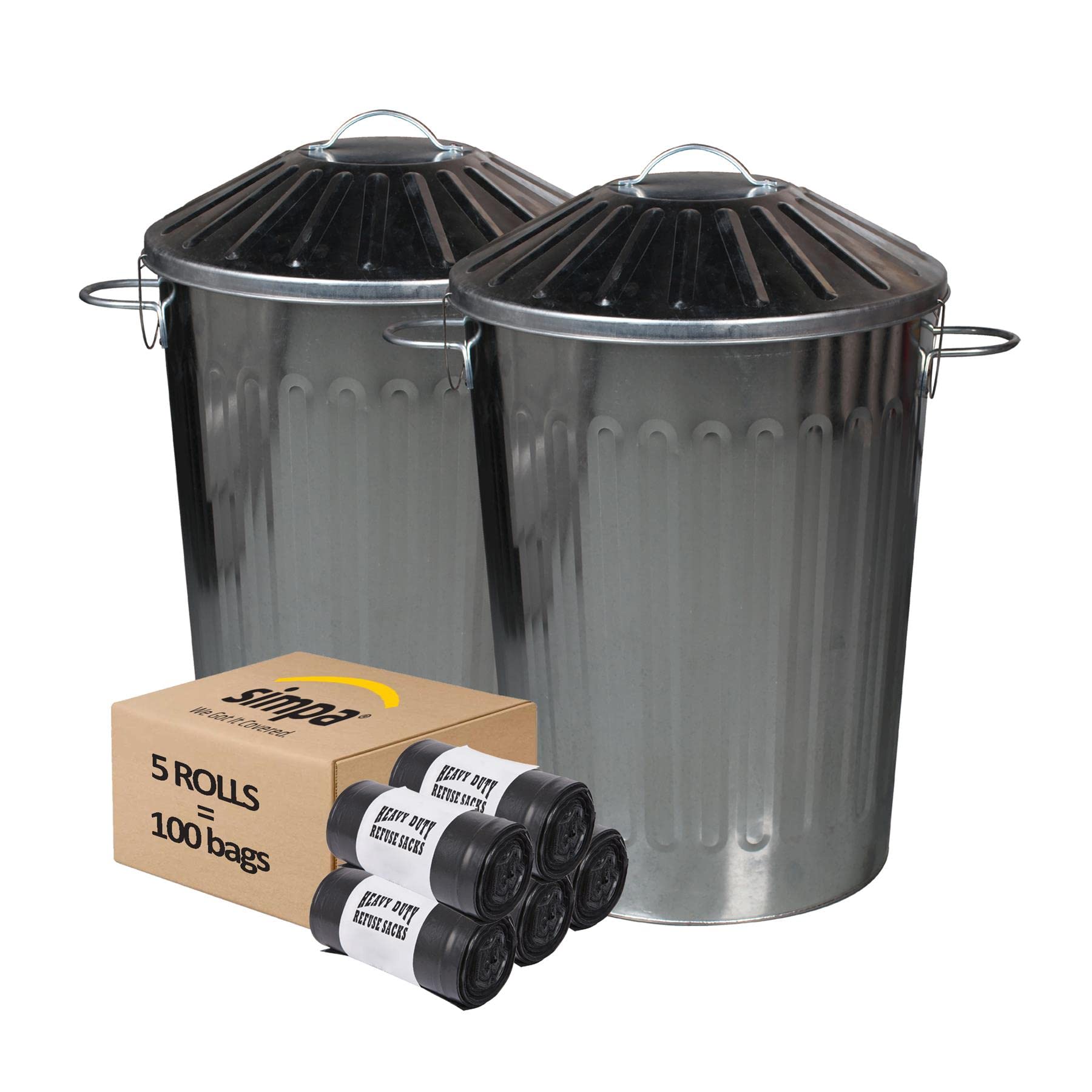 2 x 90L Galvanised Metal Dustbin with Special Locking Lid & 100PC Strong Heavy Duty Bin Refuse Bag Sack Bin Liner Combo.