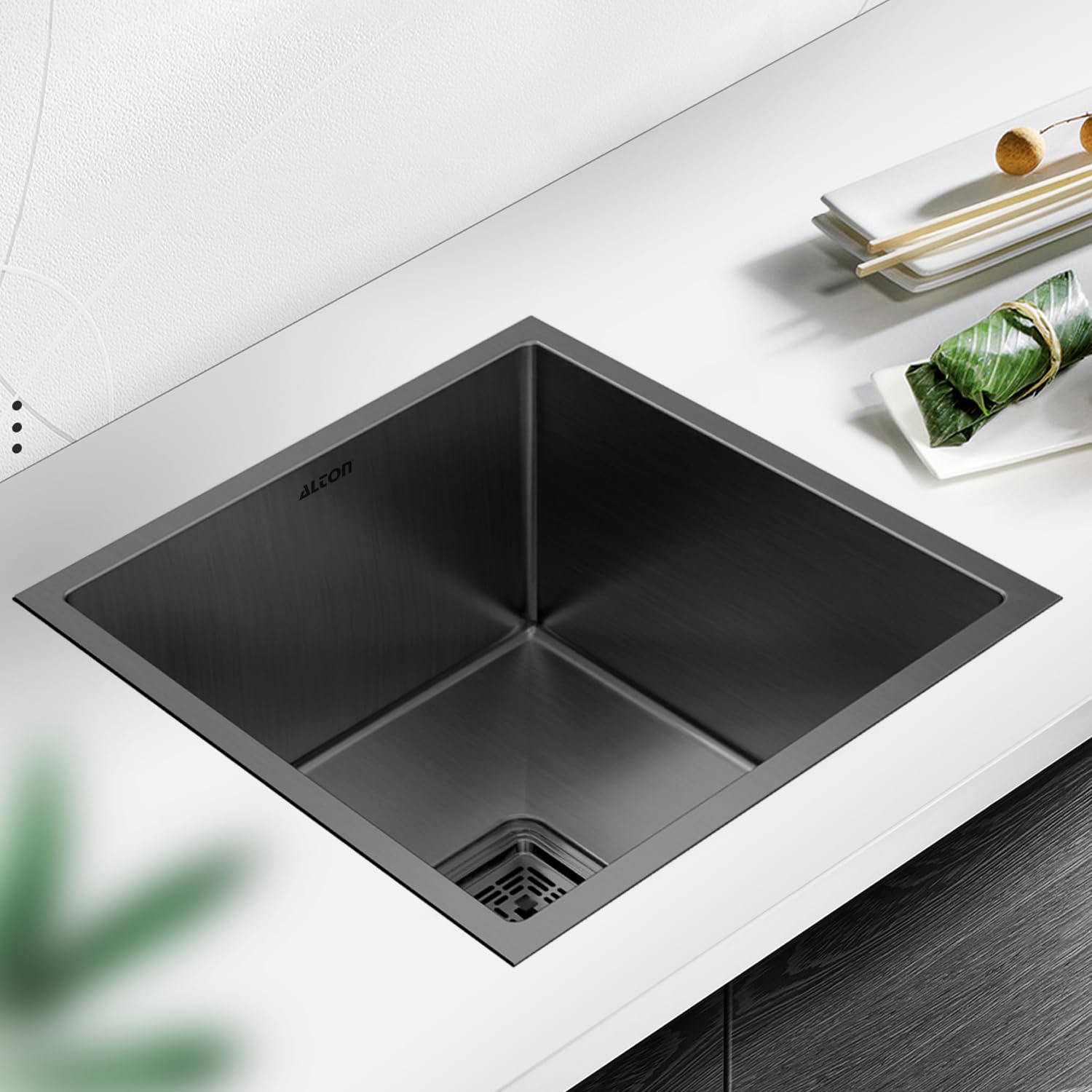 ALTON Stainless Steel, Handmade Single Bowl Kitchen Sink With Basket (Black, 16x18x9 INCH)