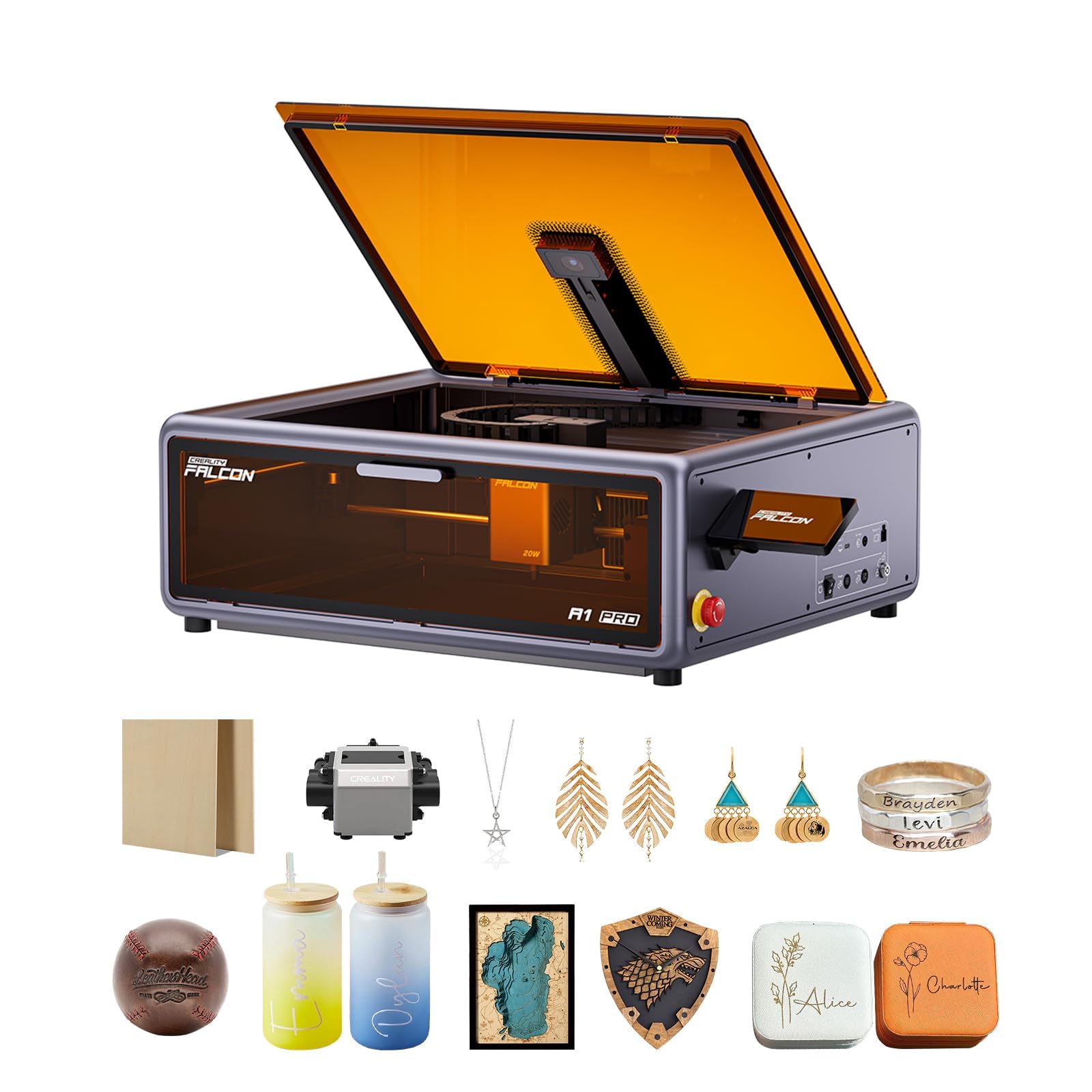Creality Falcon A1 Pro 20W Kit Laser, 180W Design Completamente Chiuso, 600 mm/s, Fotocamera HD per Autofocus, Controllo APP & Touch Screen, per Legno e Metallo, Classe 1