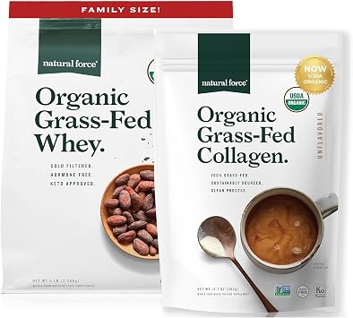 Natural Force Whey Protein Powder Chocolate, 5 lbs Organic Clean Collagen Peptides Powder Unflavored, 10.7oz