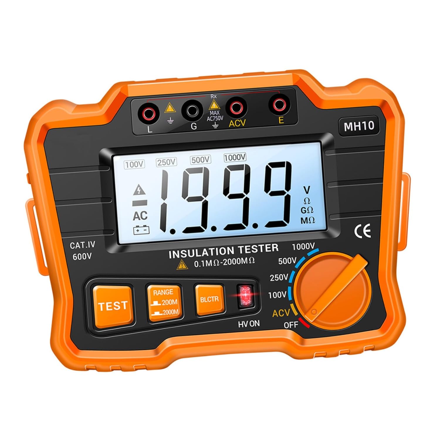 SOLUSTRE Mh10 Digital Megohmmeter Insulation Resistance Tester with LCD Display Orange, Electronic Insulation Tester for Ground and Electrical Resistance Testing (Battery Not Included)