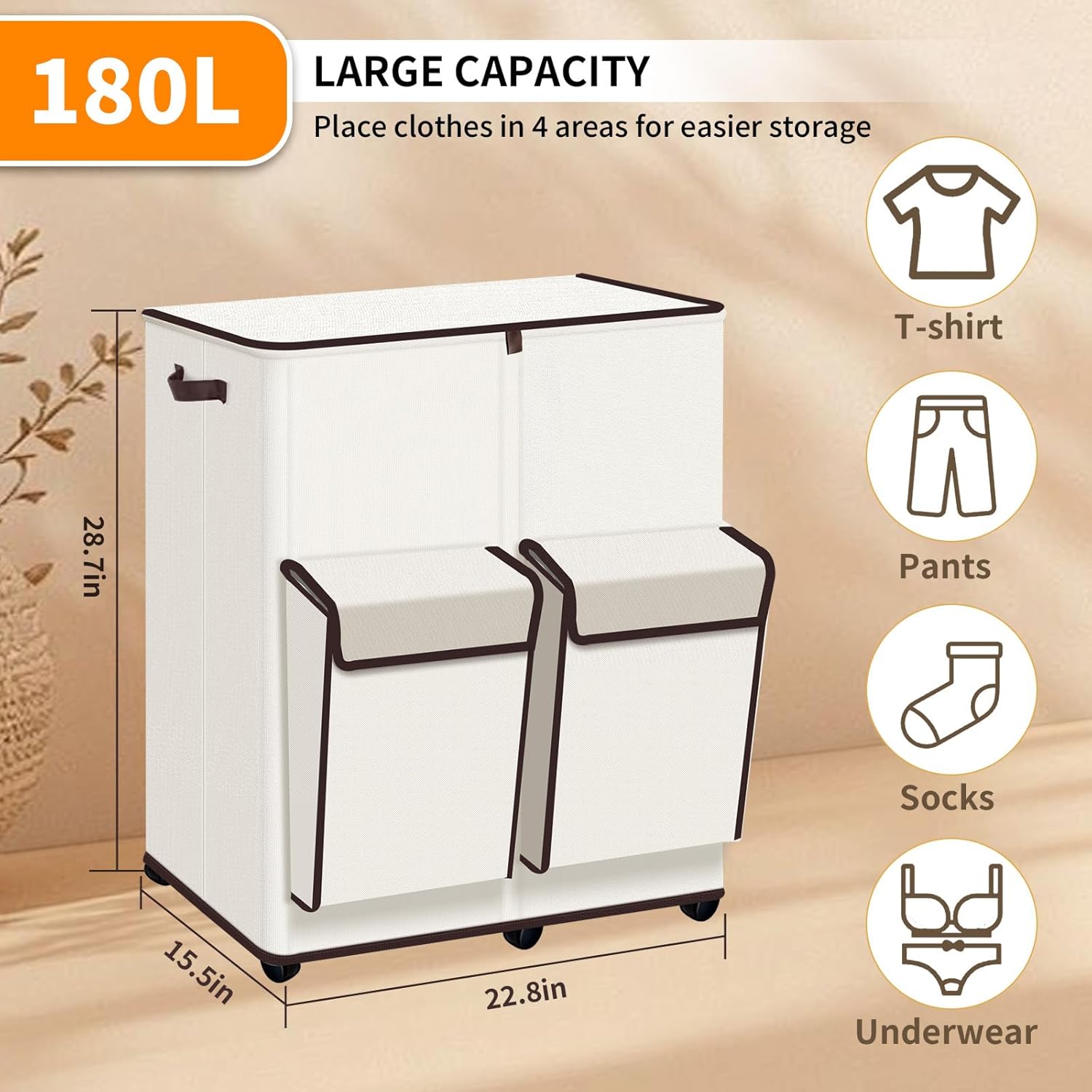 180L Large Dual Laundry Hamper With Lid And Wheels, Big Rolling Laundry Basket 2 Section Dirty Clothes Basket With 2 Side Pockets, Laundry Hanper With 2 Removable Bag For Laundry Room, Bedroom (White)