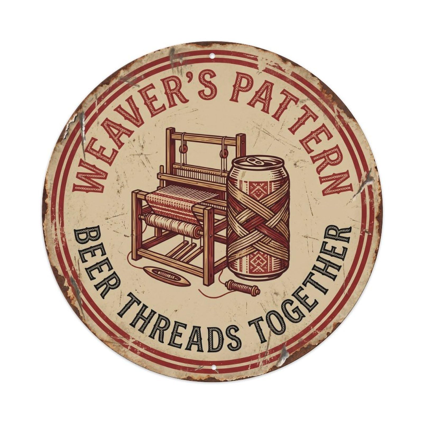 Retro Bar Style Weaver Textile Patio Beer Metal Tin Sign Plaque Wall Decor for Cafe, Club, Garden Round Metal Poster 8x8Inch