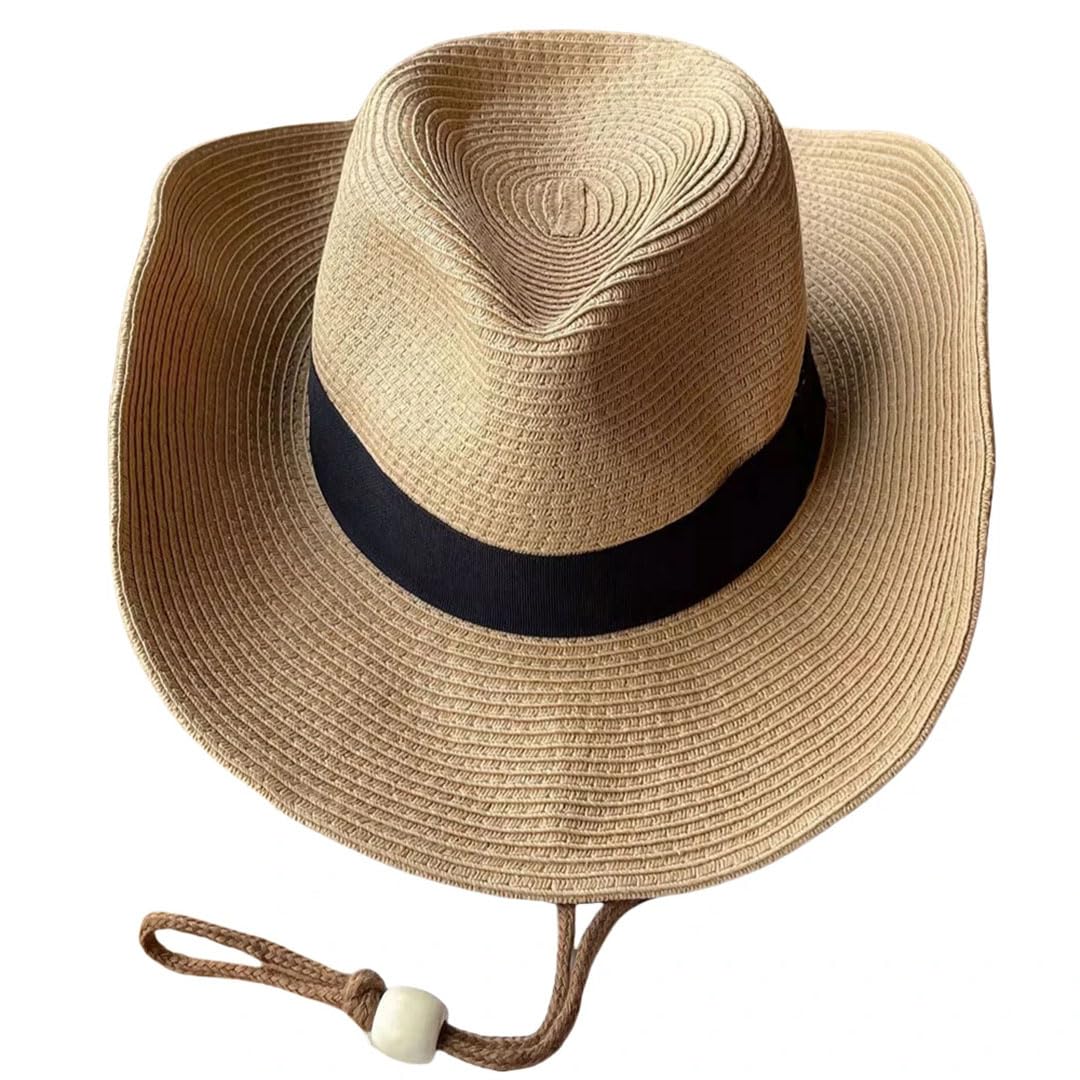 Cappello da donna in paglia occidentale da cowboy pieghevole a tesa larga cappello da sole oversize Fedora Panama, cachi, 7.625