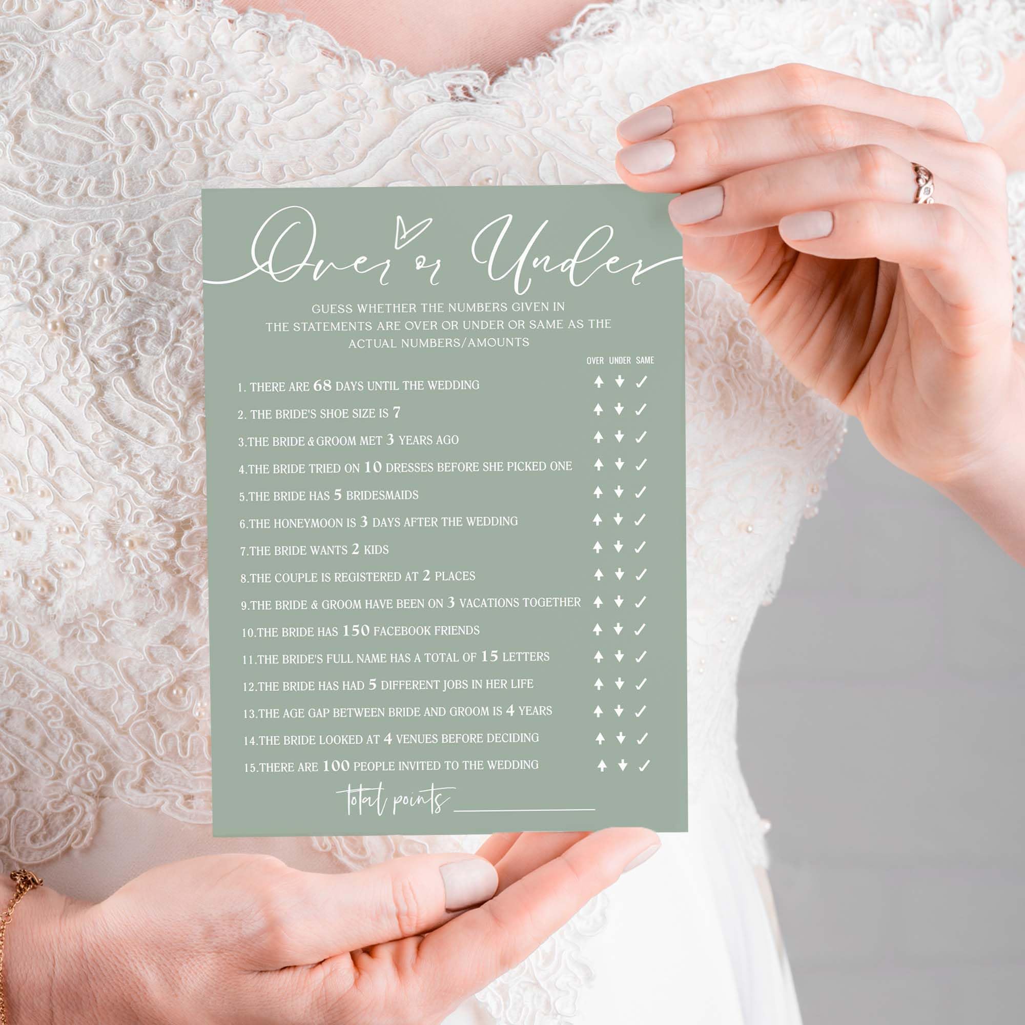 Bridal Shower Game Cards - Guess Over Or Under, 25 Cards, 5x7 Inches, Minimalist Brown Wedding Party Supplies