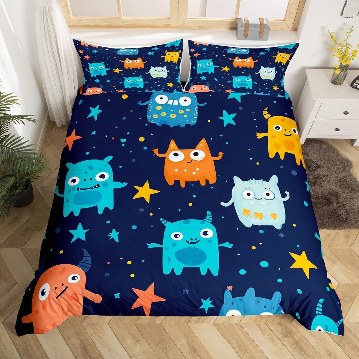 Cartoon Monster Duvet Cover Set Toddler Size,Star Polka Dot Bedding Set for Kids Girl Boys Room Decor,Trippy Animal Comforter Cover 2Pcs,Exotic Outer Space Wildlife Navy Bedspreads Cover,1 Pillowcase