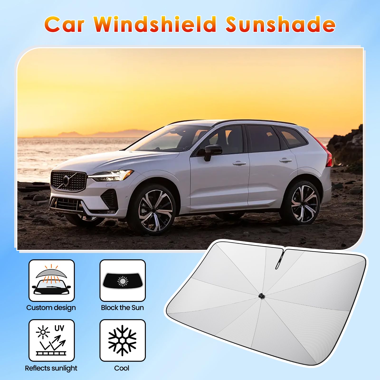 [2026 Upgrade] BSTW Kompatibel mit Volvo XC60 2017-2025 2026 Sonnenschutz für Frontscheibe, Automatisch Faltbar Pull-Cord-Sonnenschirm Fiberglas-Skelett UV-Schutz Hitzeschutz XC60 Zubehör