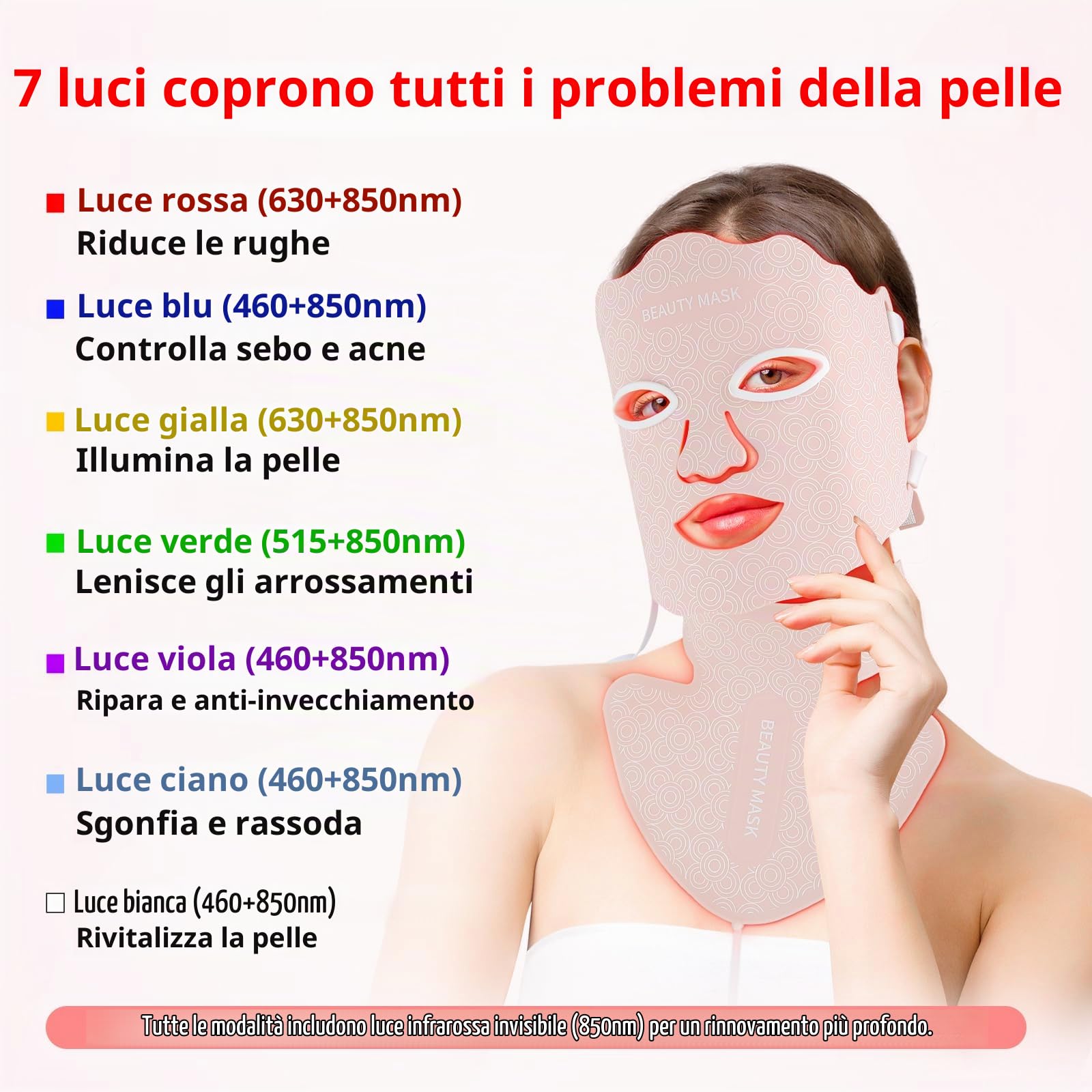 Maschera viso a LED per terapia della luce, 7 colori LED maschera per viso e collo con lampada a luce rossa per anti-invecchiamento, acne e tonificazione della pelle, cura professionale