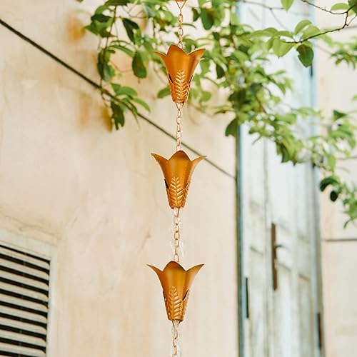 Miniatura 2 de DUSVALLY Cadenas de lluvia, 8.5 pies, cadena de lluvia en forma de gloria matutina, repuesto para canalones, aleros, jardín al aire libre, color