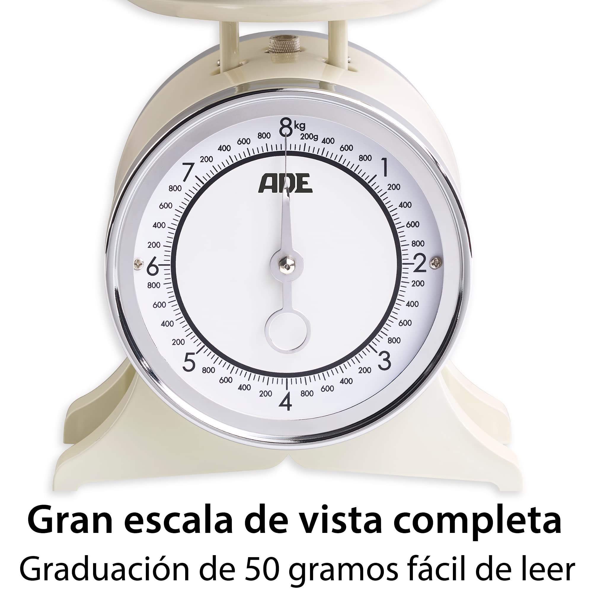 ADE Báscula de cocina mecánica classica | báscula de bol analógica de estilo rústico fabricada en metal | bol de acero inoxidable | báscula de cocina manual precisa hasta 8 kg | color crema