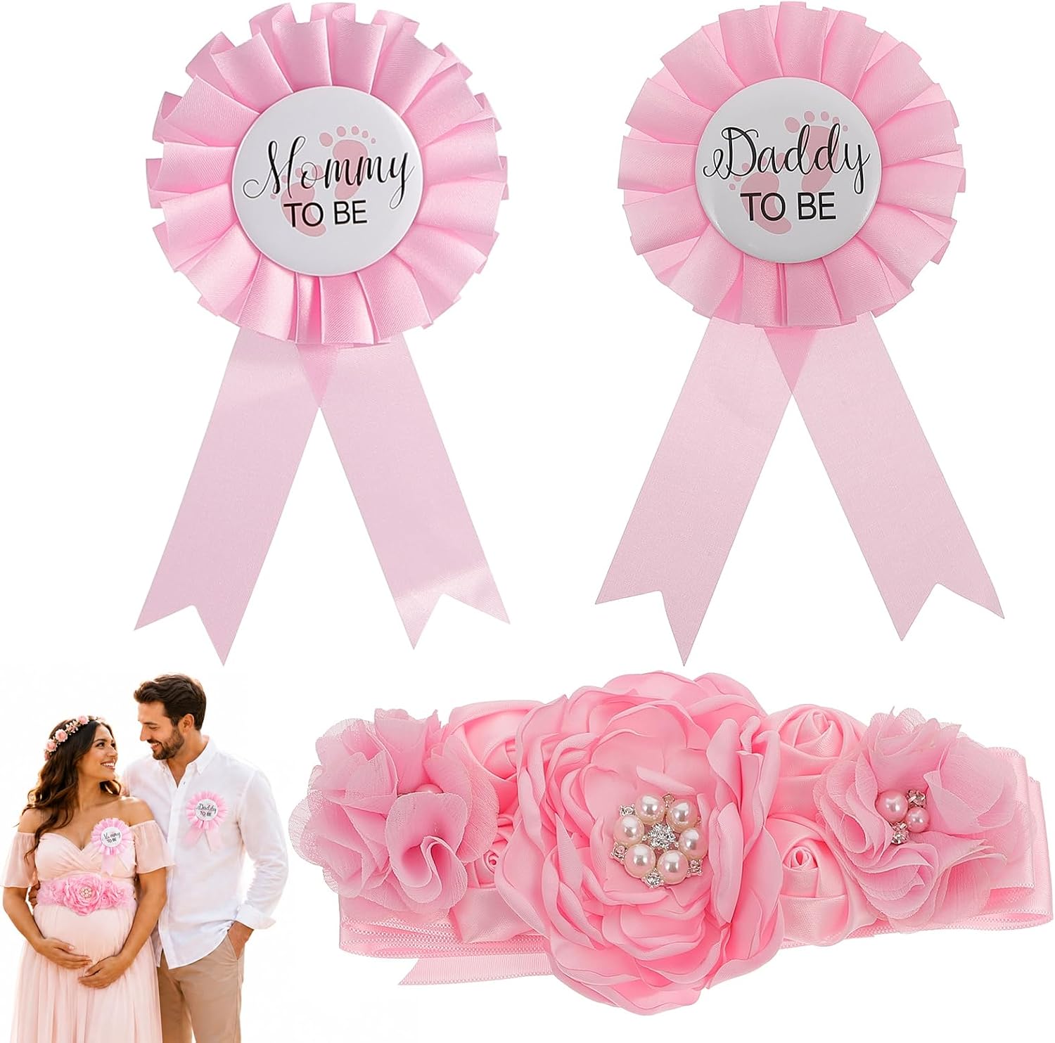 Toddmomy Maternity Sash Belt and Mommy Daddy to Be Pins Set, Pink Floral Belly Band for Baby Shower Gender Reveal Party Decorations, Keepsake Photo Shoot Props Accessories, Chiffon