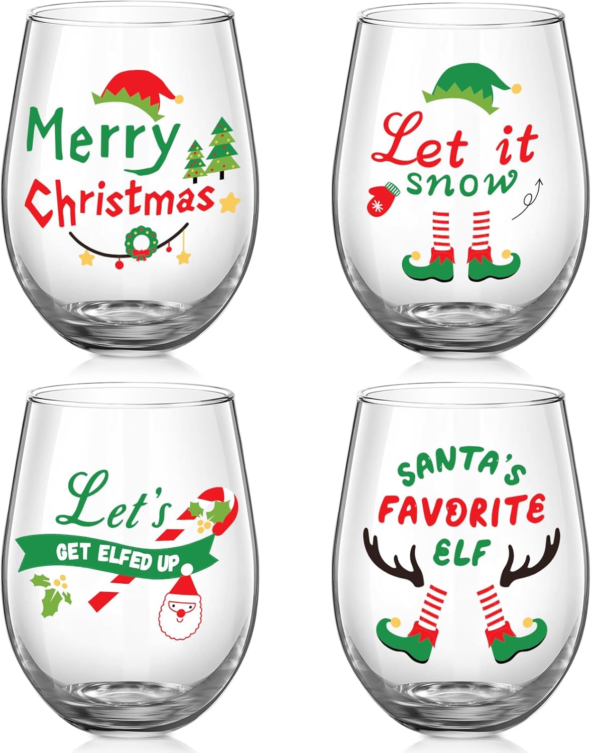 Hushee Set of 4 Christmas Wine Glasses Christmas Elf Glasses Drinkware Xmas Stemless Wine Glass for Home Housewarming Creative Gifts Teacher Men Woman Family Friends Coworkers Holiday Party Decor