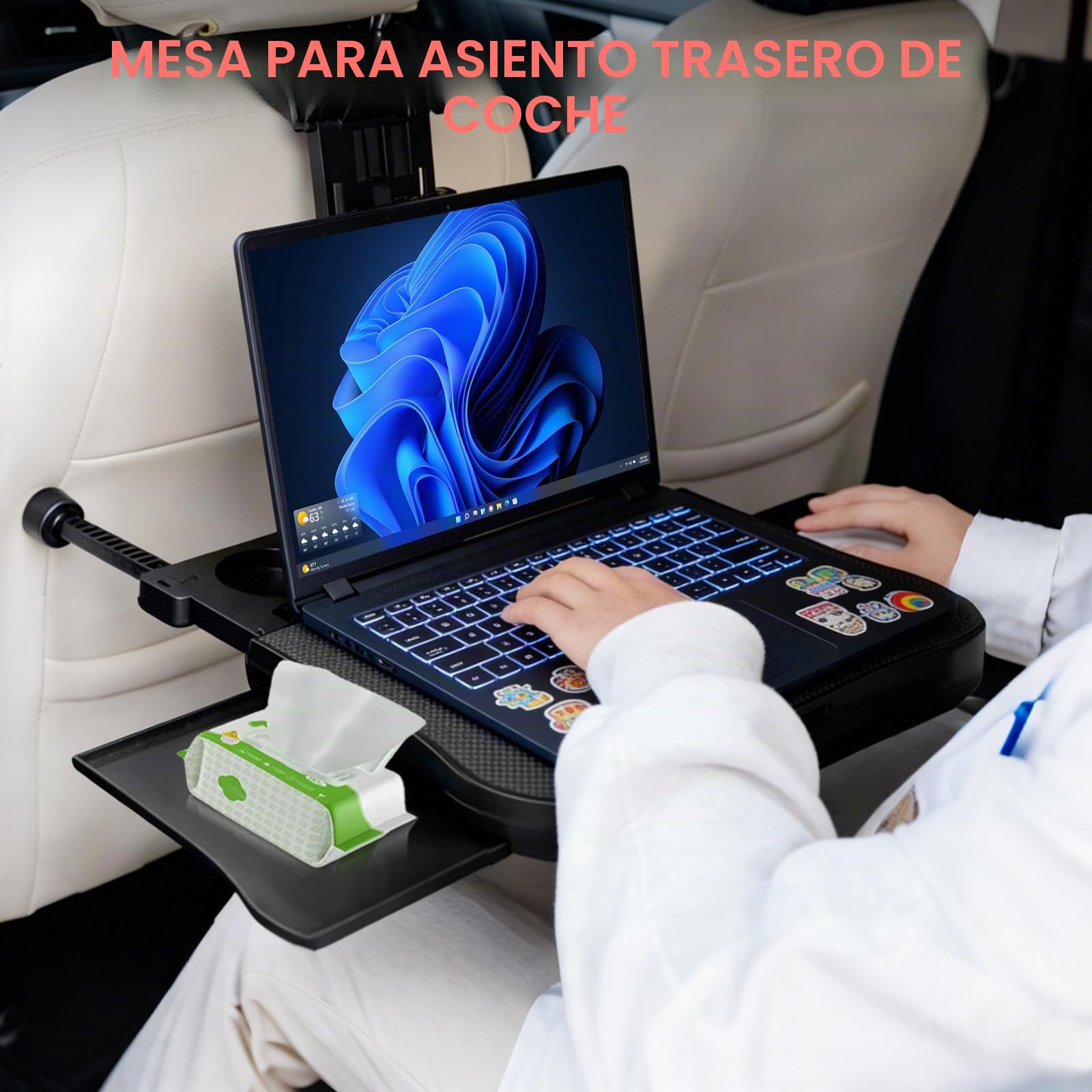 Mesa de Asiento Trasero para Coche, Mesa Portátil para el Asiento del Coche con Portavasos y Soporte para el Móvil, Mesa Multifuncional Plegable, Capacidad de Carga de 15-20 kg