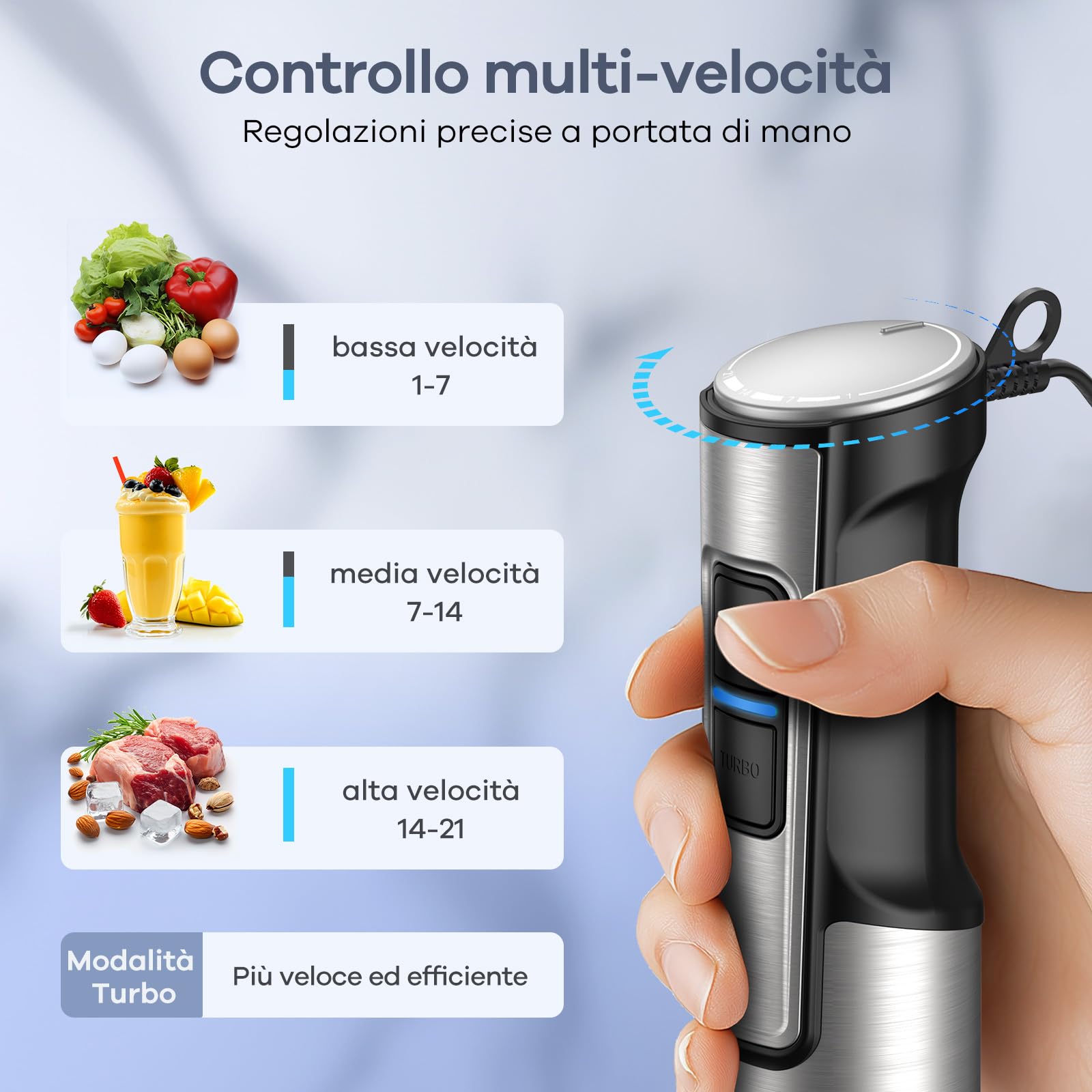 Ganiza Frullatore a immersione 5 in 1, 1200 W con controllo della velocità e modalità Turbo, in acciaio inossidabile, completo di tritatutto, frusta, montalatte e misurino, ideale per zuppe e frullati