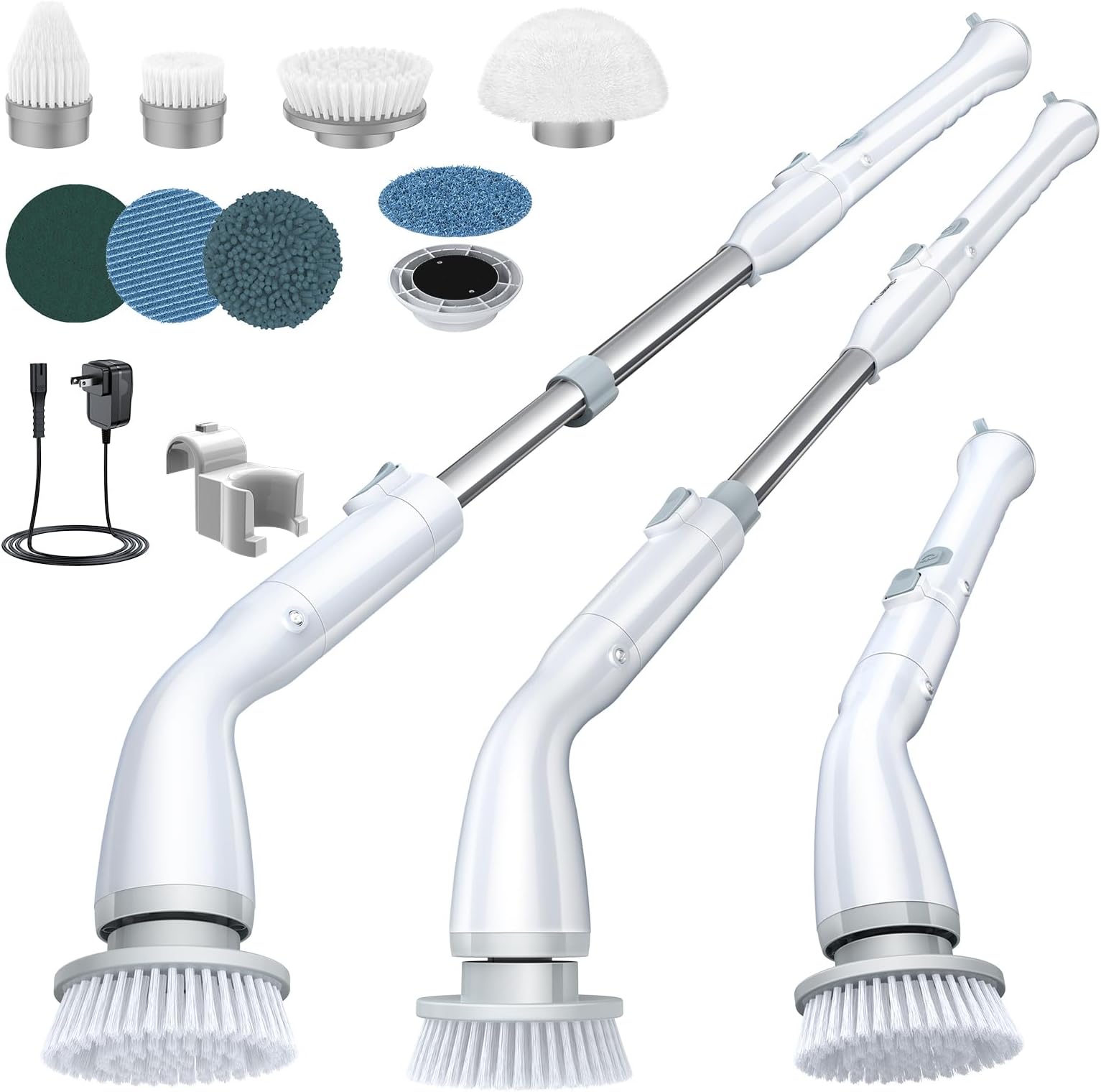 Electric Spin Scrubber LA1 Pro, Cordless Spin Scrubber with 4 Replaceable Brush Heads and Adjustable Extension Handle, Power Cleaning Brush for Bathroom Floor Tile (White)
