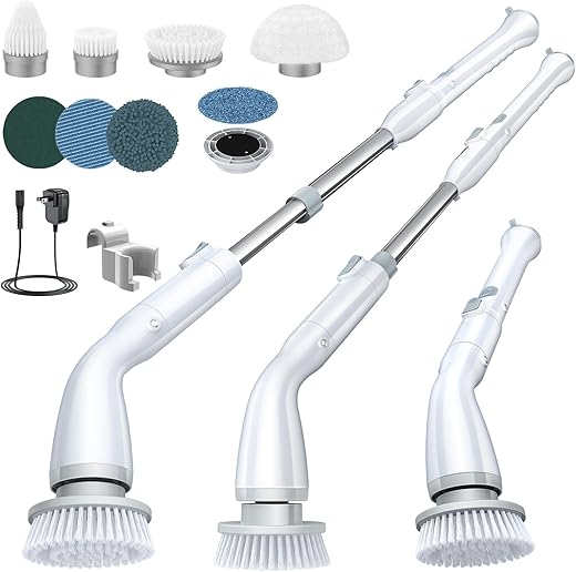 LABIGO Electric Spin Scrubber LA1 Pro, Cordless Spin Scrubber with 4 Replaceable Brush Heads and Adjustable Extension Handle, Power Cleaning Brush for Bathroom Floor Tile (White)