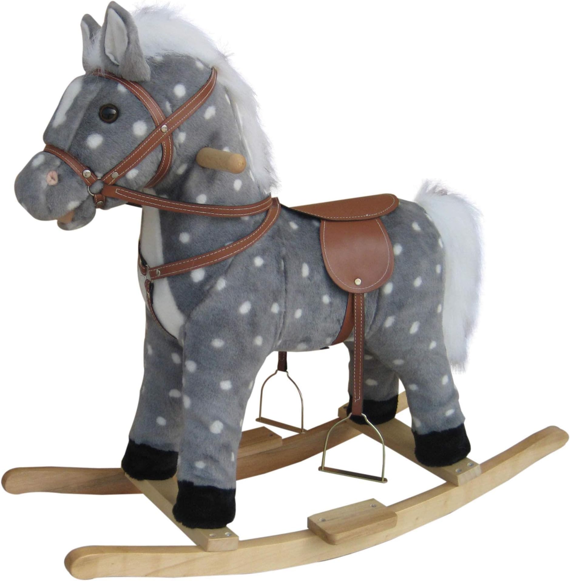 Plush Rocking Horse - Grey/White Deluxe with Mane Saddle Bridle Stirrups Wooden Rockers 12m+ - Includes Sound Effects