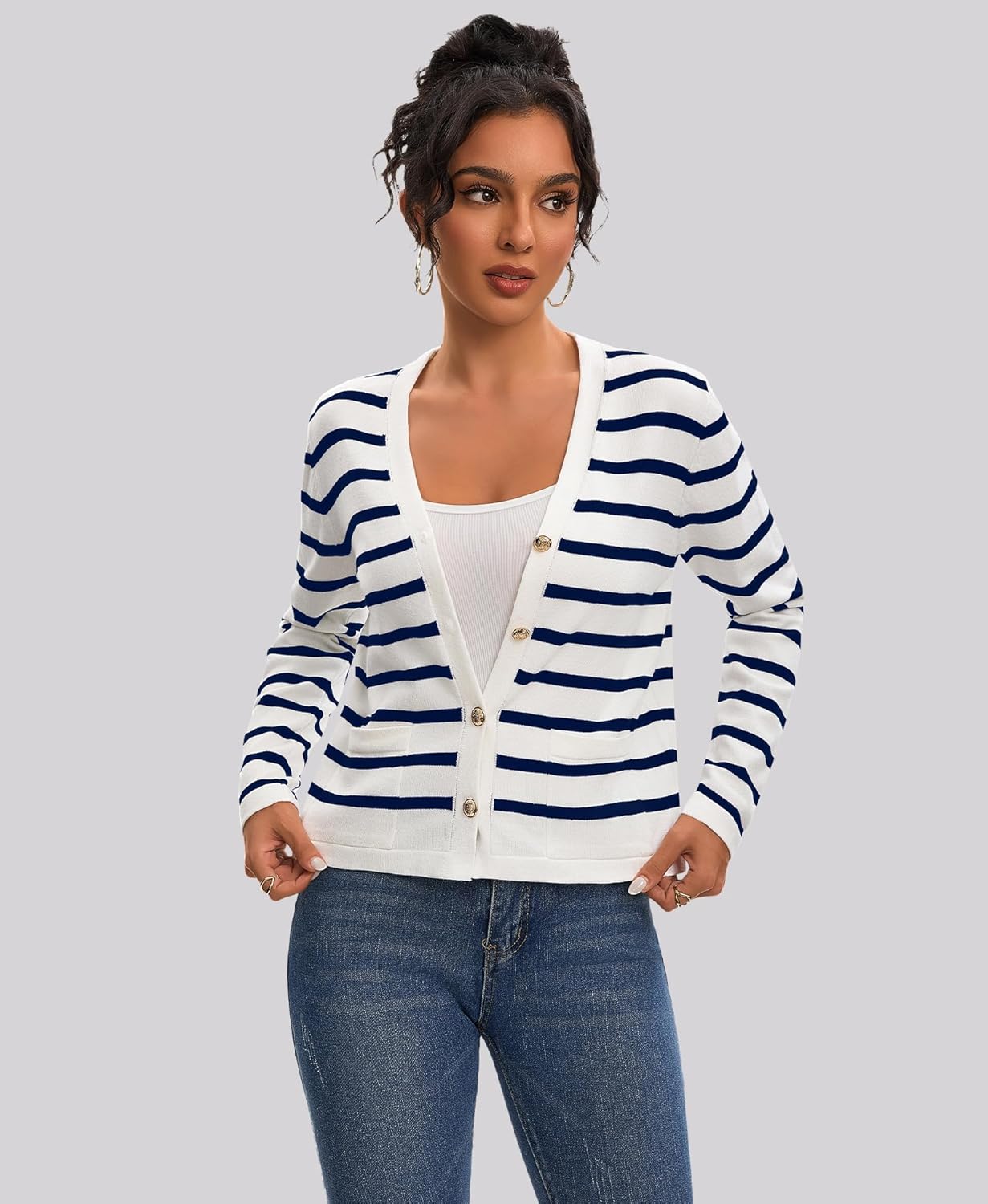Women's Striped Cardigan Sweaters - Long Sleeve Button Down V Neck Knit Cardigans Classic Casual Tops for Women - Image 5