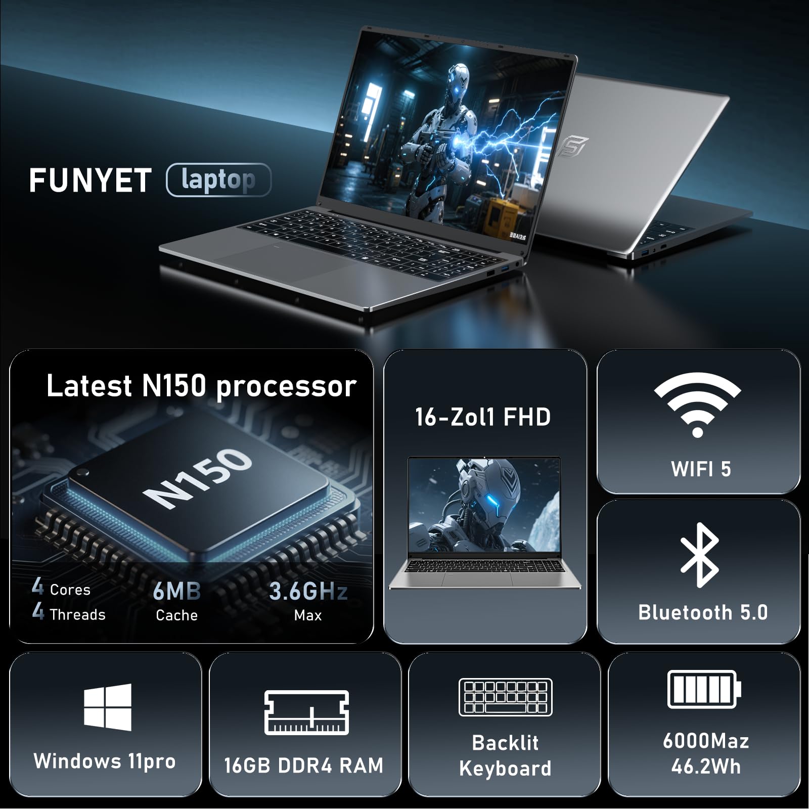 FUNYET Computer Portatile 16", PC Portatile Notebook 16GB RAM,1TB SSD, Processore N150(Fino a 3,6 GHz), 6000 mAh, Win 11, 1920x1200IPS, Tastiera Retroilluminata, WIFI 5, BT 5.0