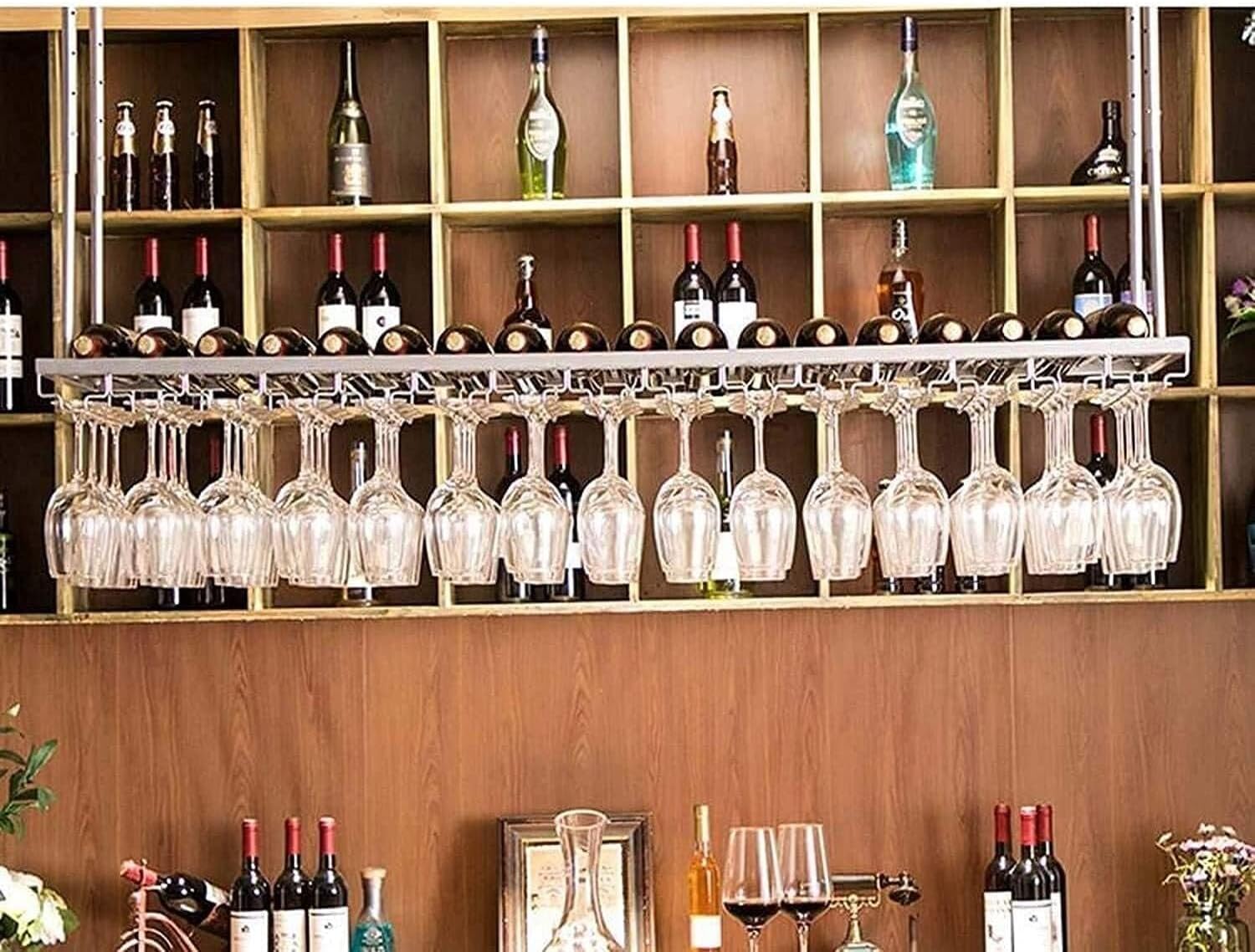 Hanging Glass Rack with Shelf – Adjustable Metal Ceiling Mounted Bar & Kitchen Storage, Holds 12-30 Glasses – Space-Saving, Easy Installation(Black,100 cm*30 cm)