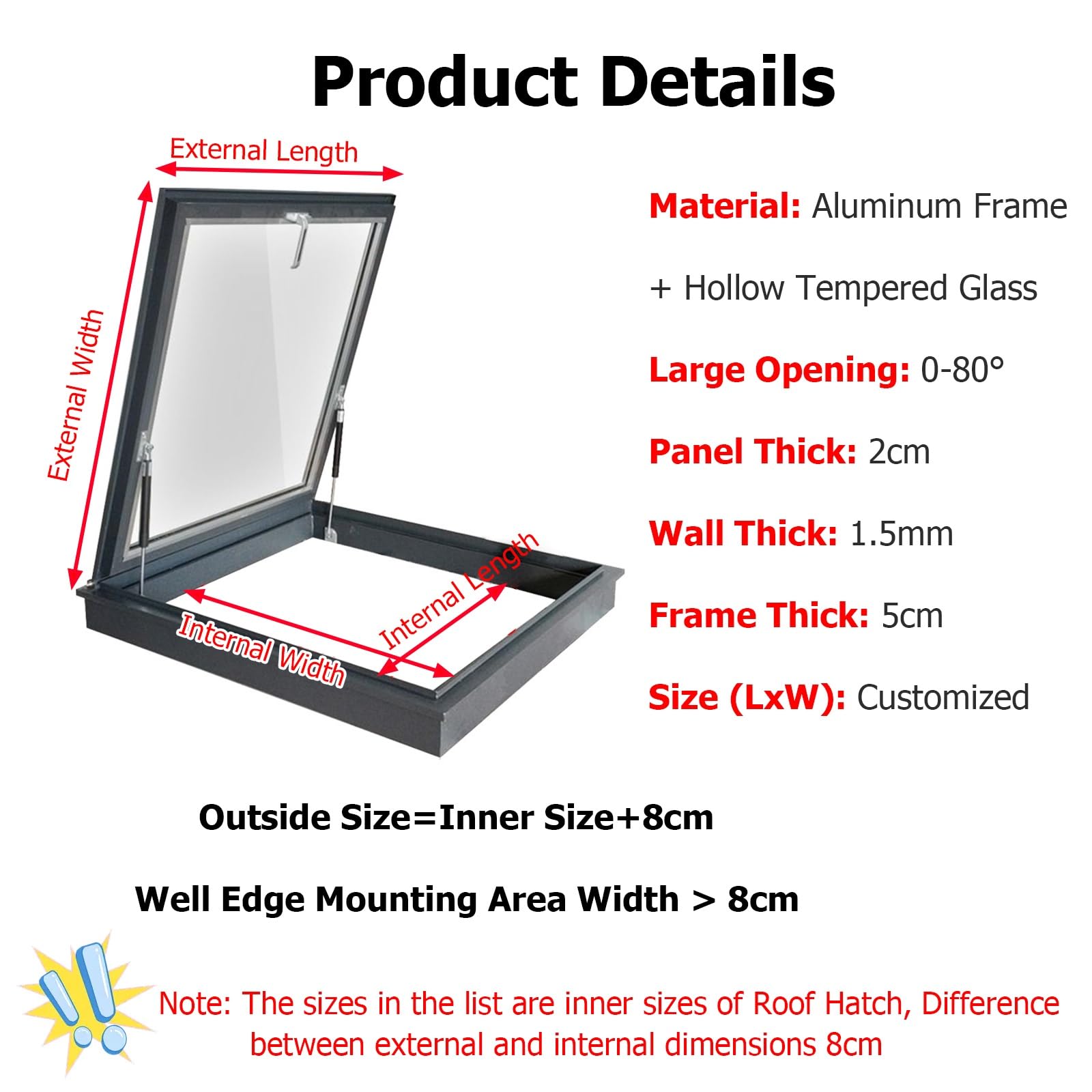Aluminiowe okno dachowe do płaskich dachów – wielokątne oglądanie (400 x 400 mm, 600 x 600 mm, 900 x 900 mm) i konstrukcja studni świetlnej (600 x 750 mm) do pomieszczeń słonecznych i dachów