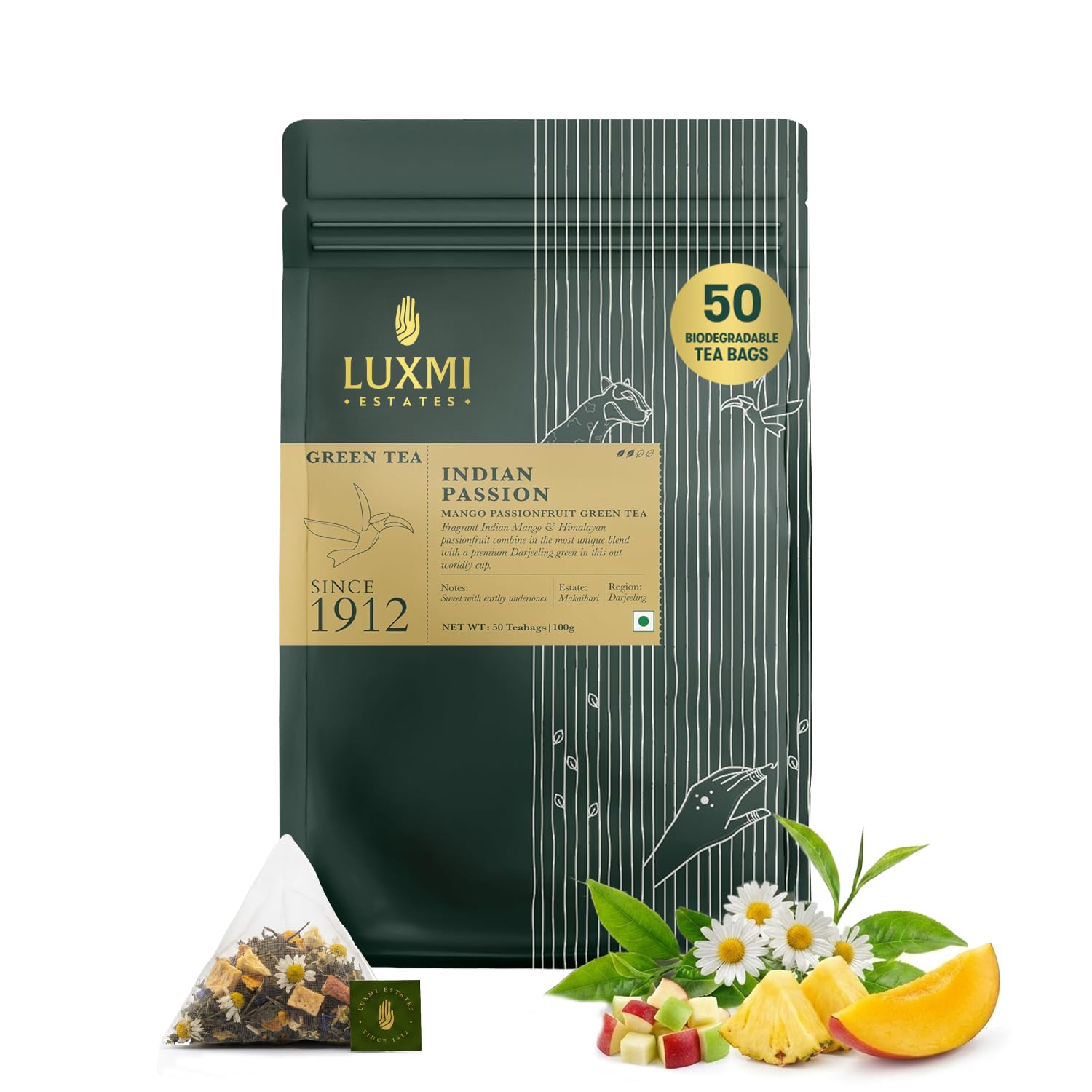 Luxmi Estates - Mango Passionfruit Darjeeling Green Tea, 50 Tea Bags (100g/3.52oz), 100% biodegradable Teabags Mango Passionfruit Green Tea 50 Tea Bags
