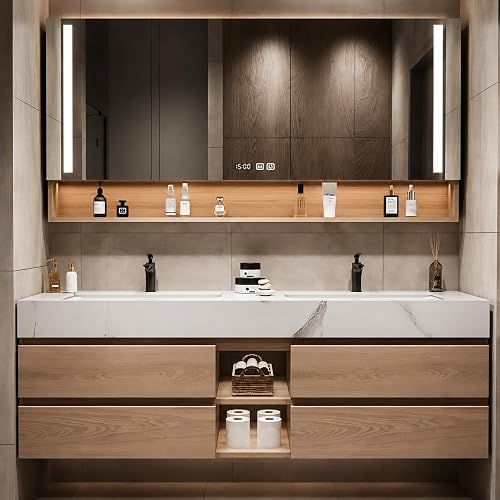 74 in Floating Bathroom Vanity with Sink - Modern Wall-Mounted Double Sink Vanity Set | Smart Anti-Fog Mirror & Seamless Ceramic Sink | Solid Wood Cabinet with Ample Storage