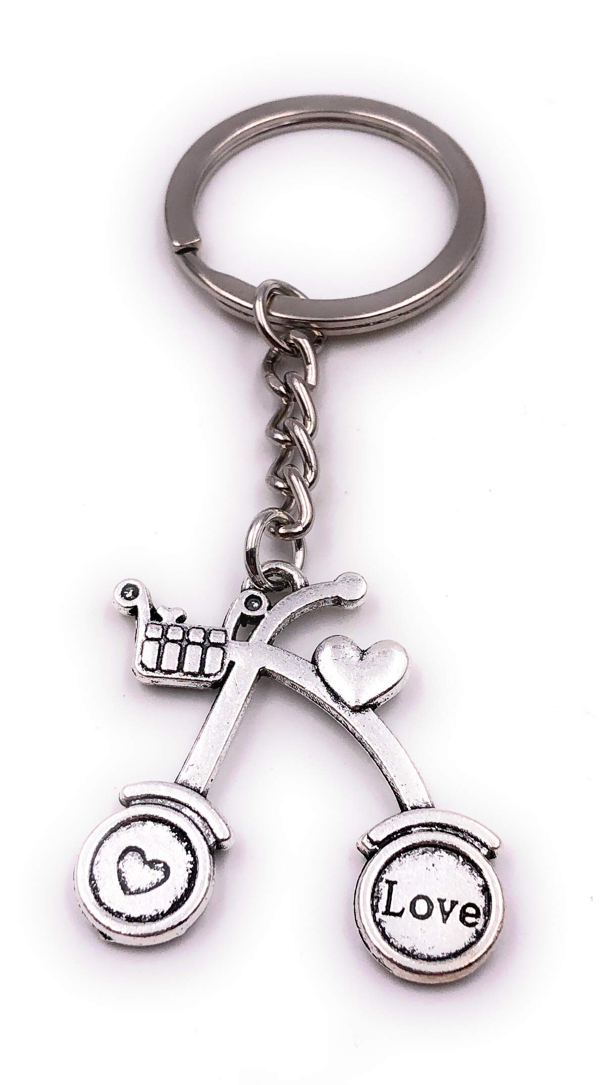 H-Customs Bicycle Bike Basket Antique Love Silver Keychain Pendant
